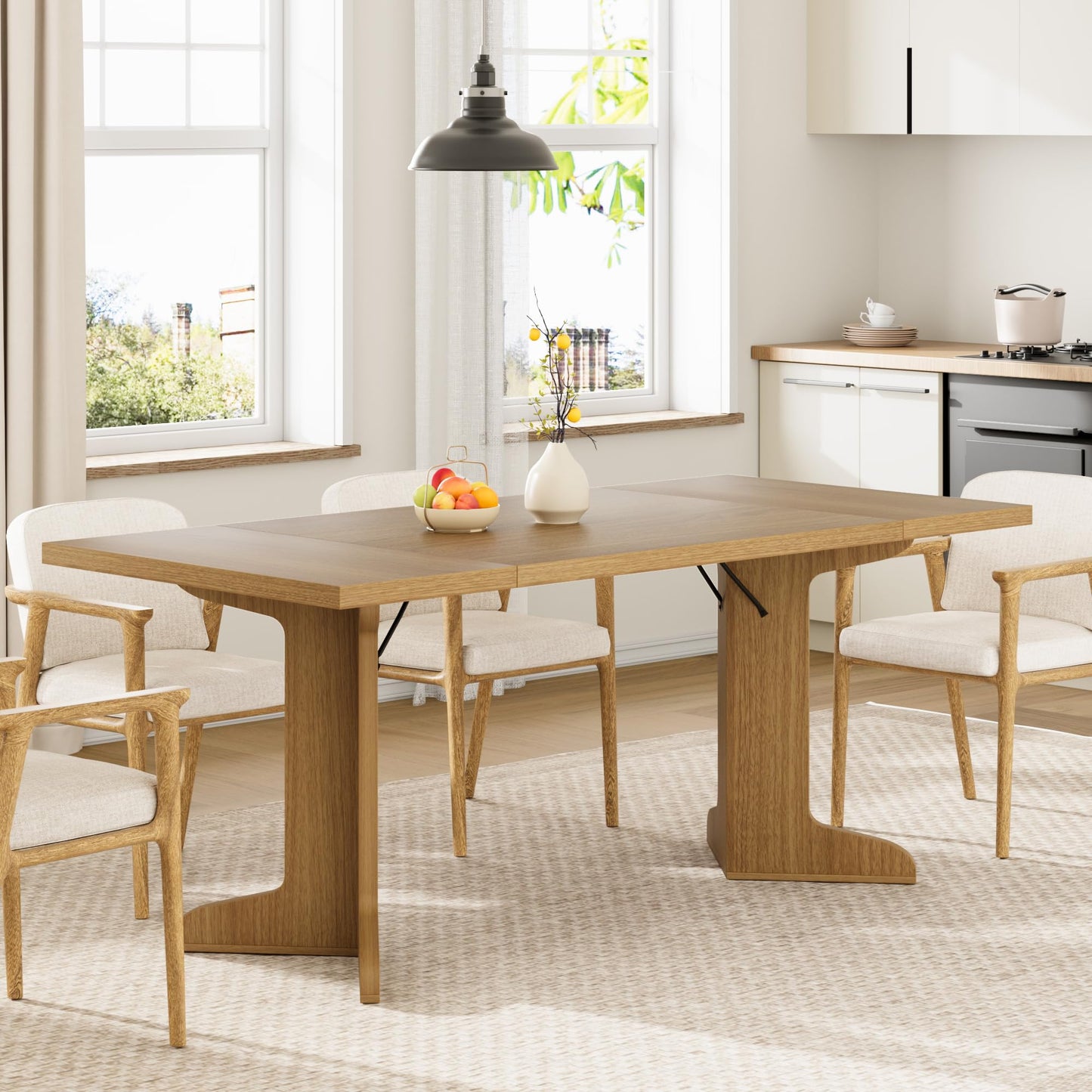 71" Dining Table for 6 to 8 People, Modern Dinner Table with Unique Wooden Legs, Rectangle Dining Table for Kitchen, Dining Room & Living Room, Oak