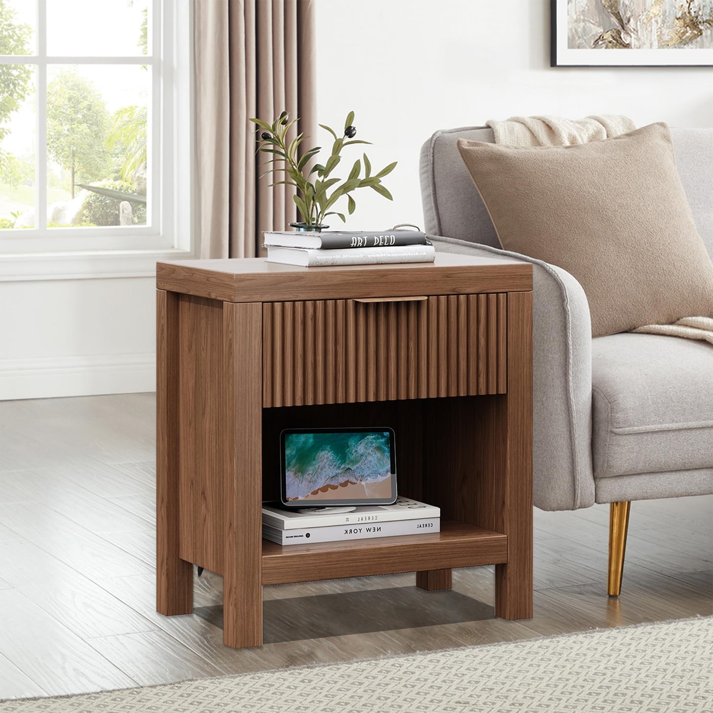 Vudanfe End Table Set of 2 with Storage, Small End Table, Wood Bedside Table with Drawer and Opening Storage, Nightstand Accent Table for Living Room, Bedroom, Walnut Oak