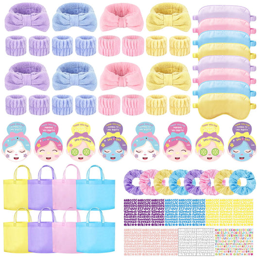 72 Pcs Spa Sleepover Party Supplies for Girls With DIY Stickers And Greeting Card Mix Color Headband Wristbands Eye Mask Hair Scrunchie Tote Bag Sleeping Slumber Party Favors