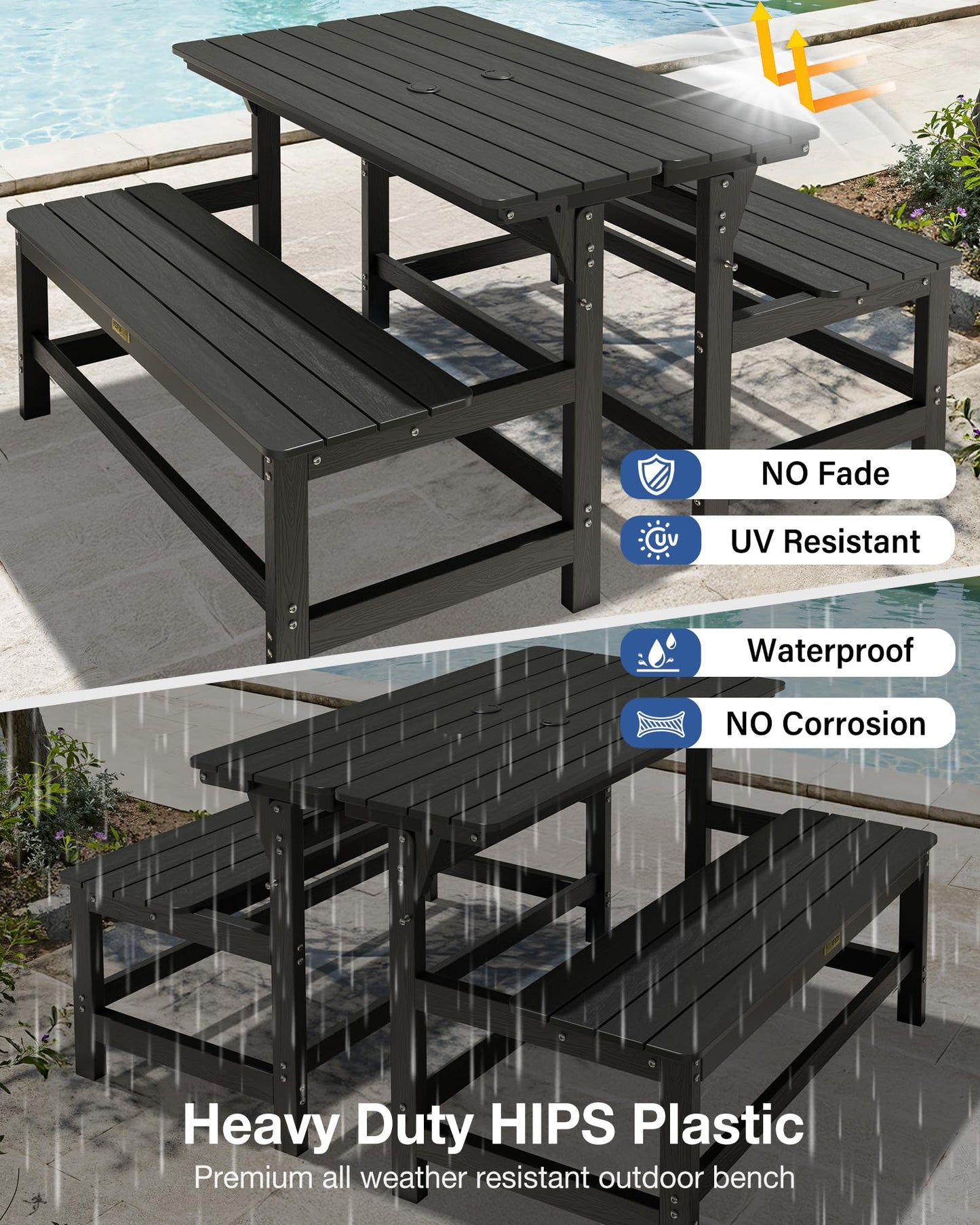 YEFU Convertible Bench Picnic Table: HIPS Convert a Bench with Umbrella Hole - Foldable Space-Saving Picnic Outdoor Benches for Outside Patio Porch Backyard Park Garden Black