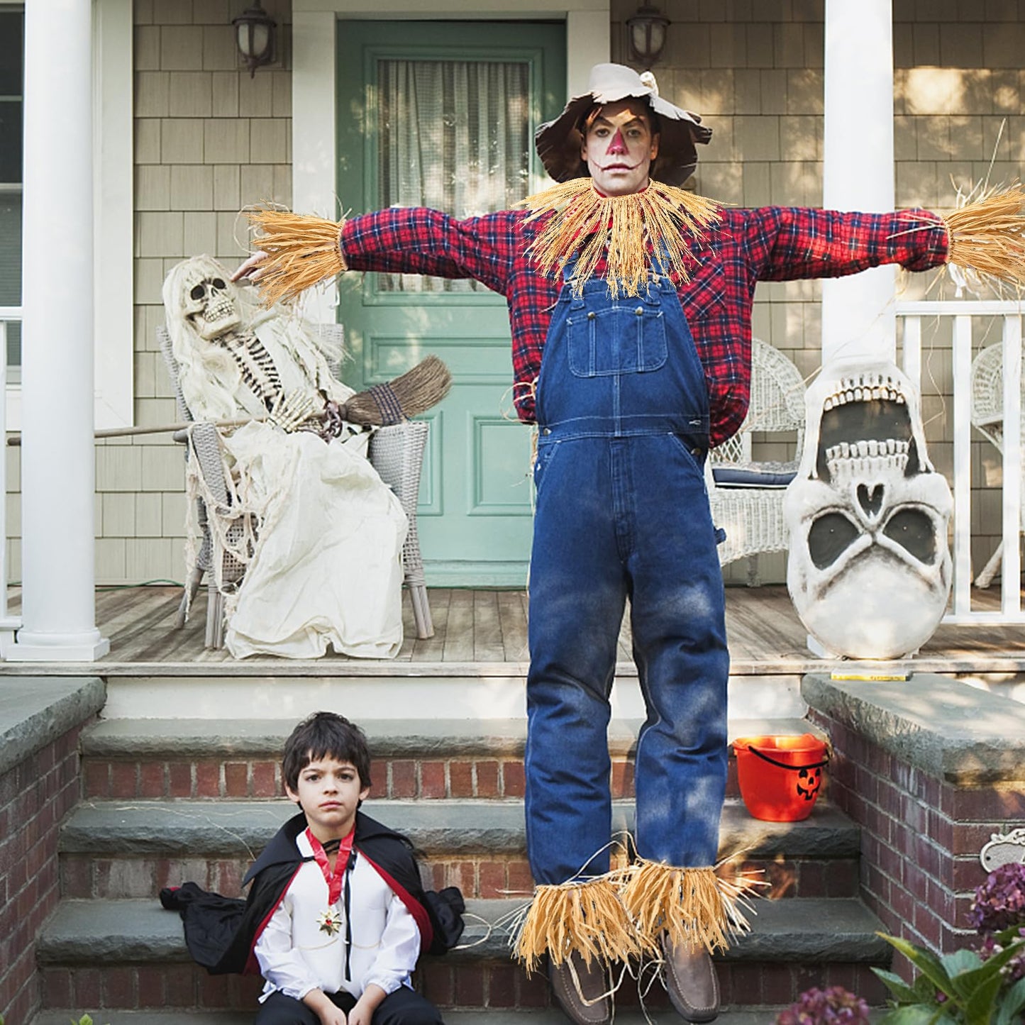 welezhu 5 Pieces Scarecrow Costume Set Include Raffia Scarecrow Straw Kit Scarecrow Hat for Halloween Harvest Party Accessory