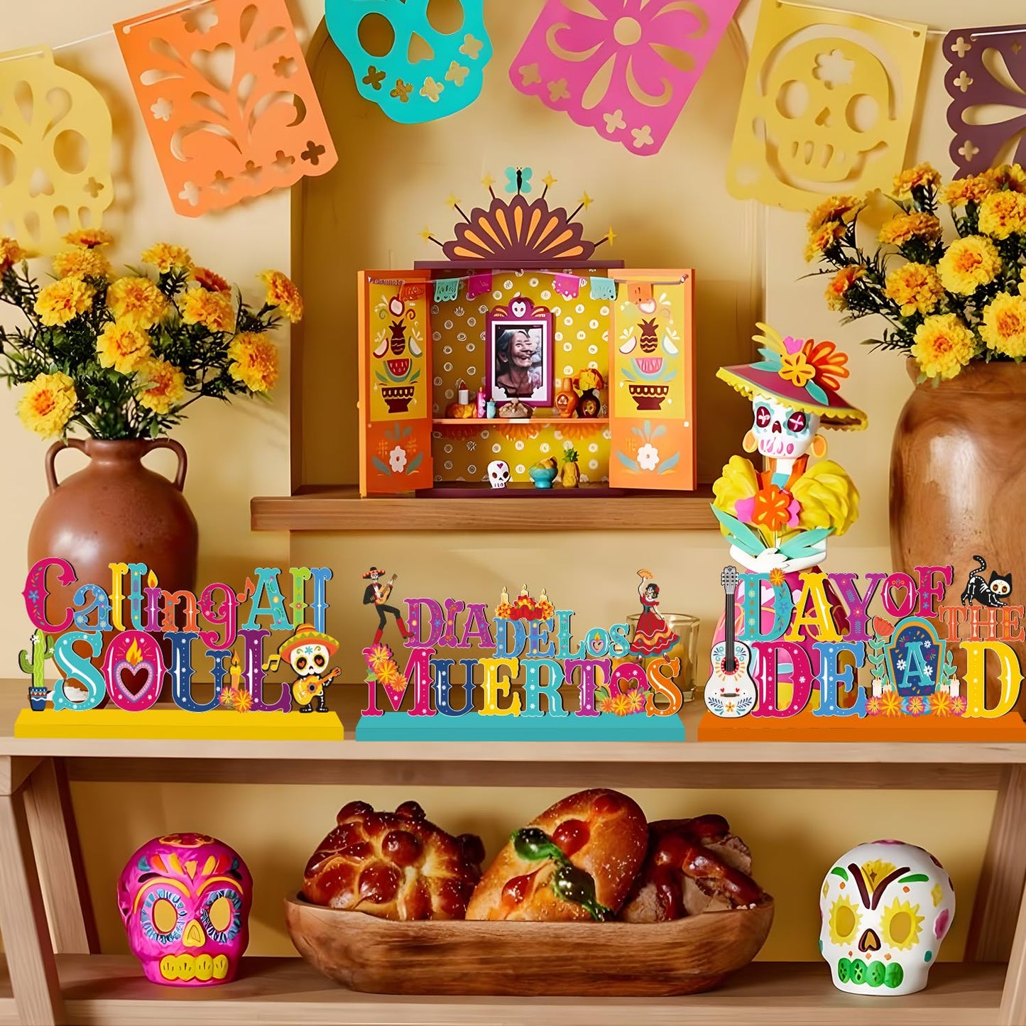 4Pcs Dia De Los Muertos Decorations Wooden Table Centerpieces Day of The Dead Decorations Mexican Table Decor Dia De Los Muertos Table Topper Sign for Halloween Mexican Carnival Party Decor