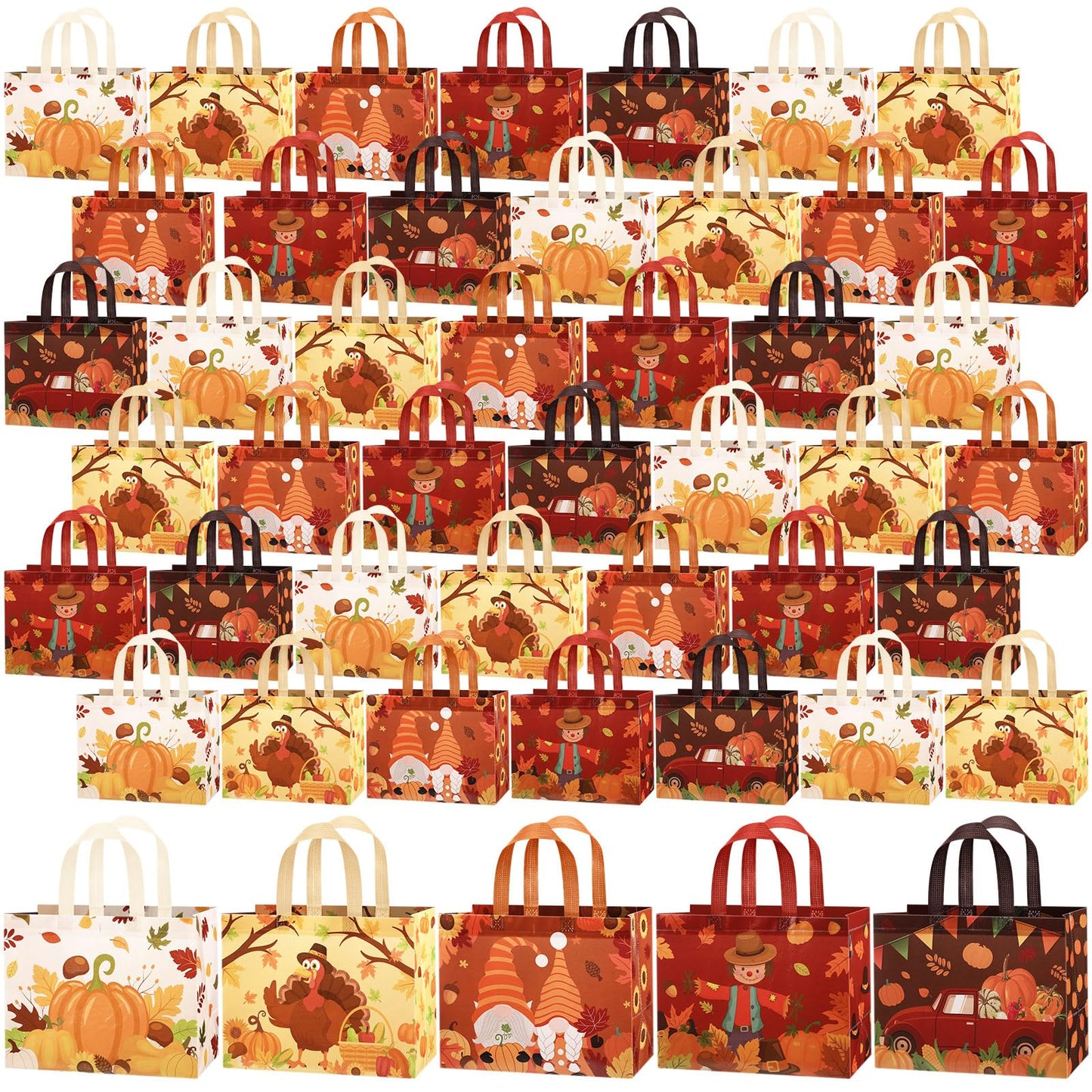 Abbylike 100 Pack Fall Non Woven Tote Bags with Handles Thanksgiving Gift Tote Bags Bulk Large Non-woven Grocery Bag with Handles Turkey Pumpkin Autumn Thanksgiving Party Favor Supplies