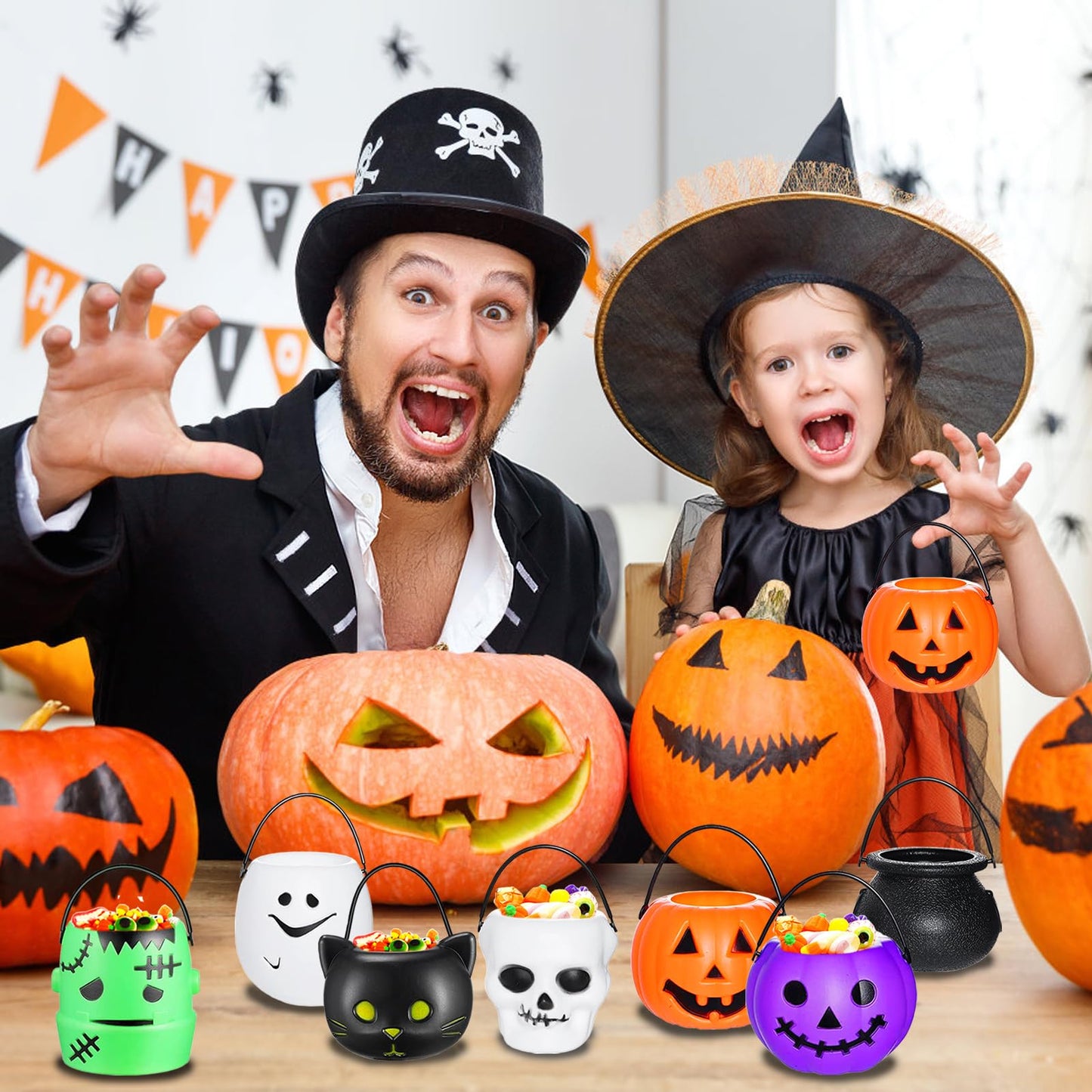 28 Pieces Halloween Candy Bucket,Mini Halloween Candy Holder,Pumpkin Ghost Cauldron Plastic Bucket Party Supplies for Trick or Treat