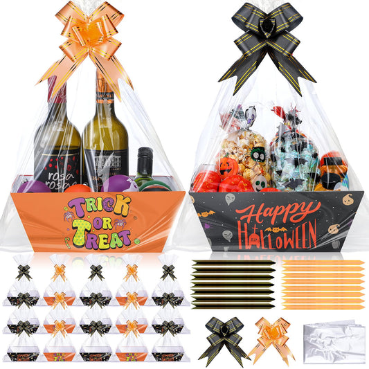 Yeaqee 36 Pcs 12 Pack Halloween Basket for Gifts with Bows Ribbons Bulk Treat Basket Orange Black Gift Baskets for Halloween Treat Party Favors
