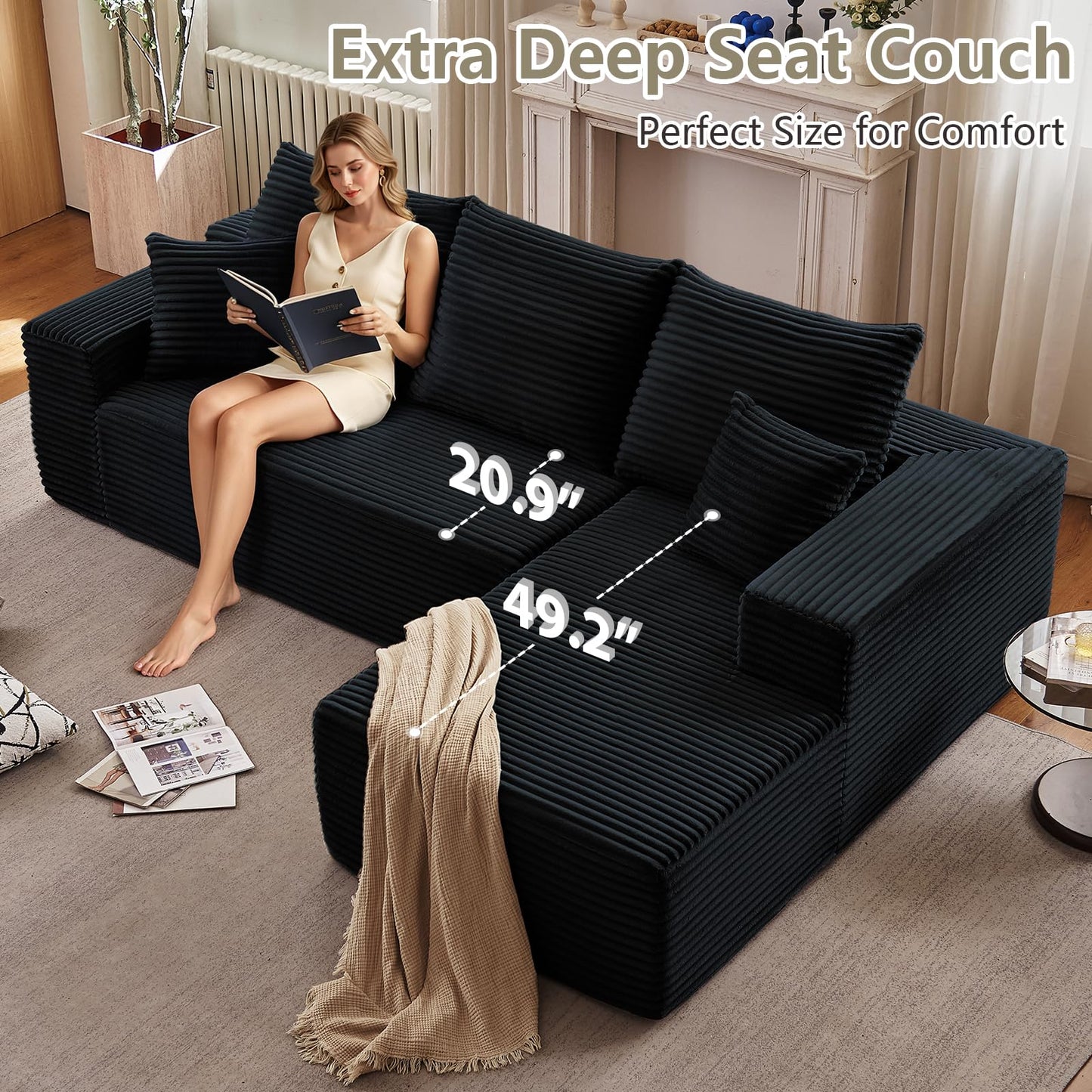 107" Modular Sectional Couches for Living Room, Comfy Boneless L Shaped Cloud Couch with Chaise Lounge, Modern Cozy Corduroy Deep Seat Floor Sofa, Memory Foam, No Assembly Required, Black
