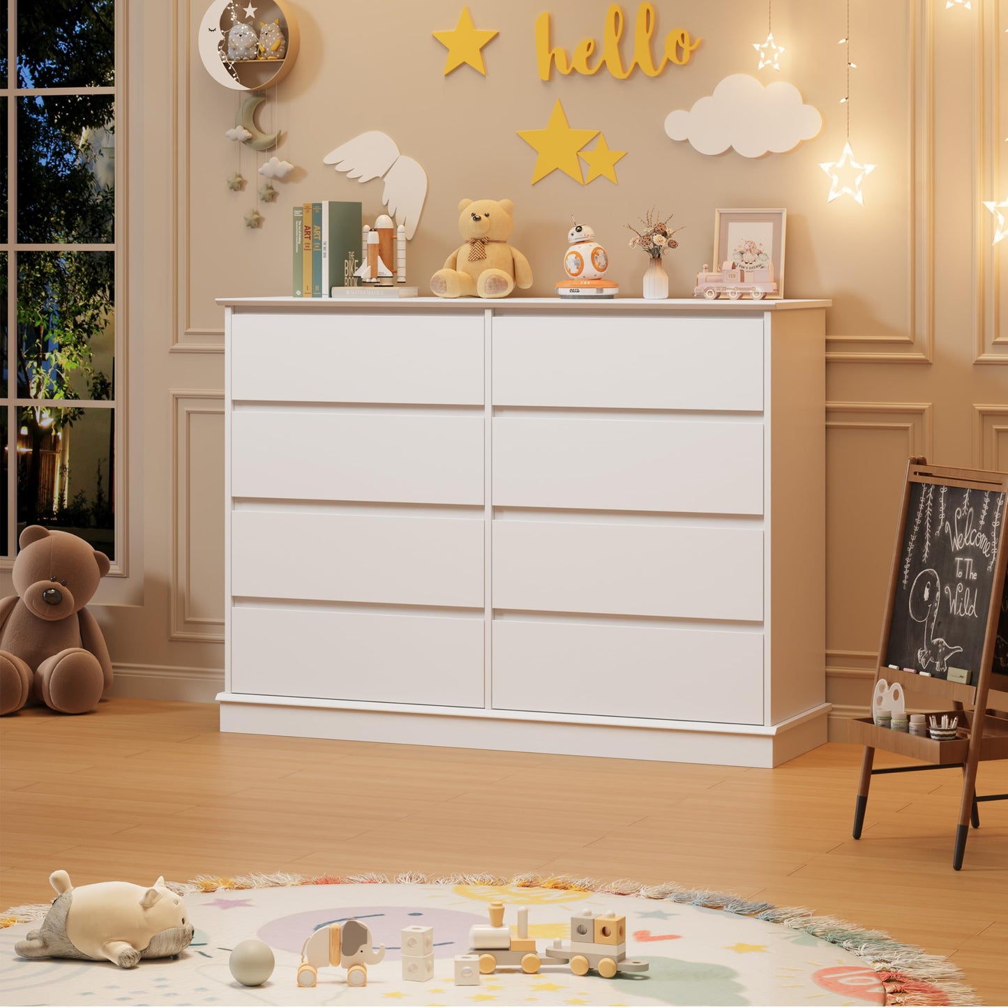 White 8 Drawer Dressers for Bedroom, Chest of Drawers with Deep Drawers, Large Double Dresser for Closet with Wide Top, Horizontal Wooden Dresser for Living Room, Hallway, Kids Room