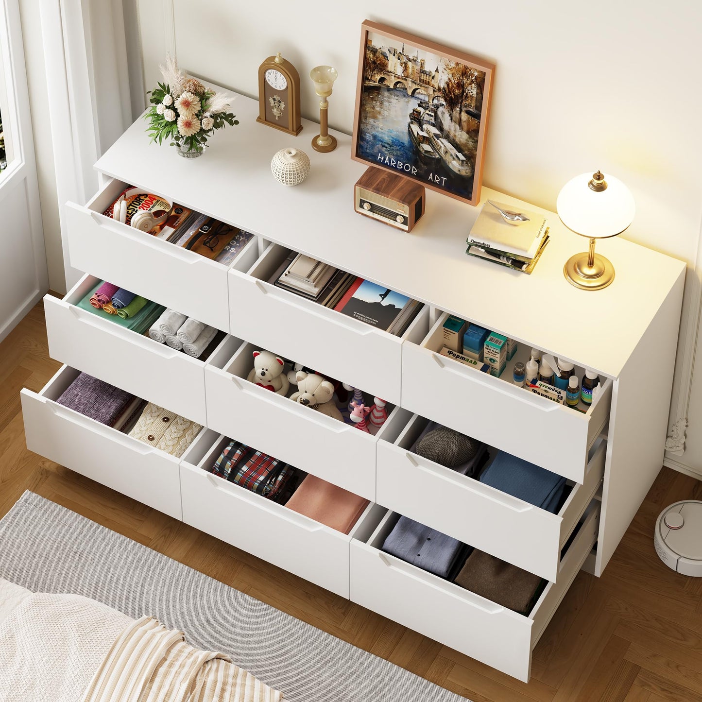 Winkalon 9 Drawer Dresser,62” Wide Chest of Drawer Dresser, Modern Storage Cabinets with Large Wood Drawer for Bedroom, Living Room, Entryway, Office White