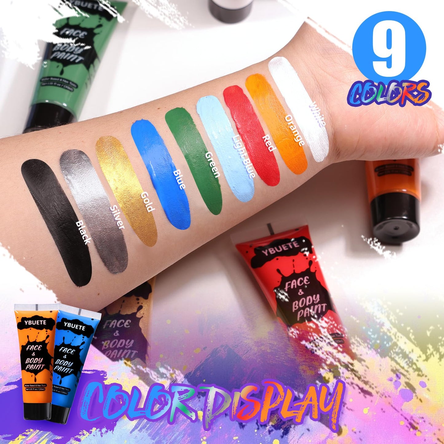 YBUETE 9 Colors Face Body Paint Set, Professional Paint Set for Halloween Cosplay Costume Party, Full-coverage Multi-Color Cream Makeup Blendable Set for Adults Halloween Cosplay SFX Makeup Paint