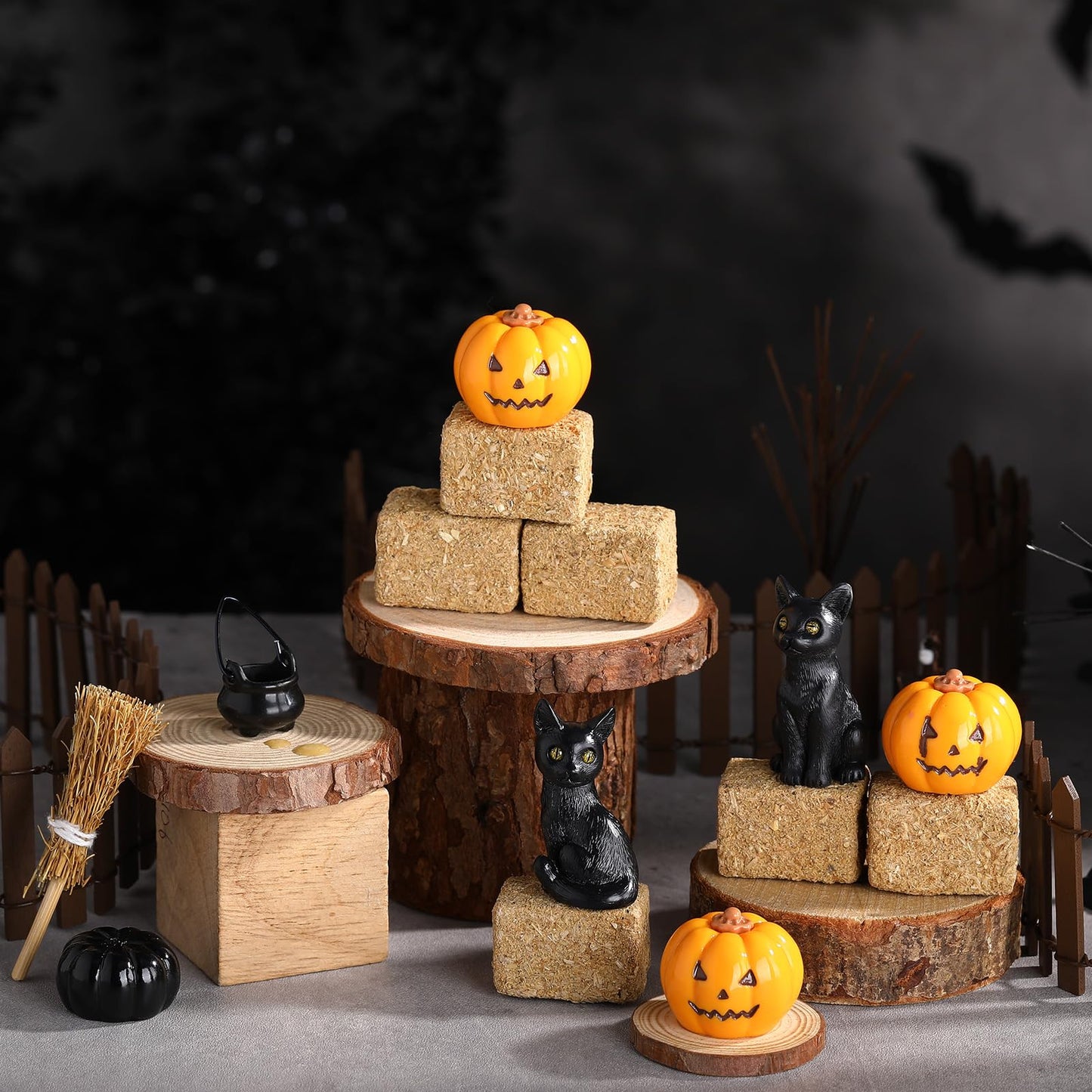 Wesiti 14 Pcs Halloween Village Accessories Set Halloween Miniature Figurines Included Pumpkins, Black Cat, Hay Bales, Witch Pot, Broom and Fence for Hallowmas Dollhouse Tabletop Party Decor