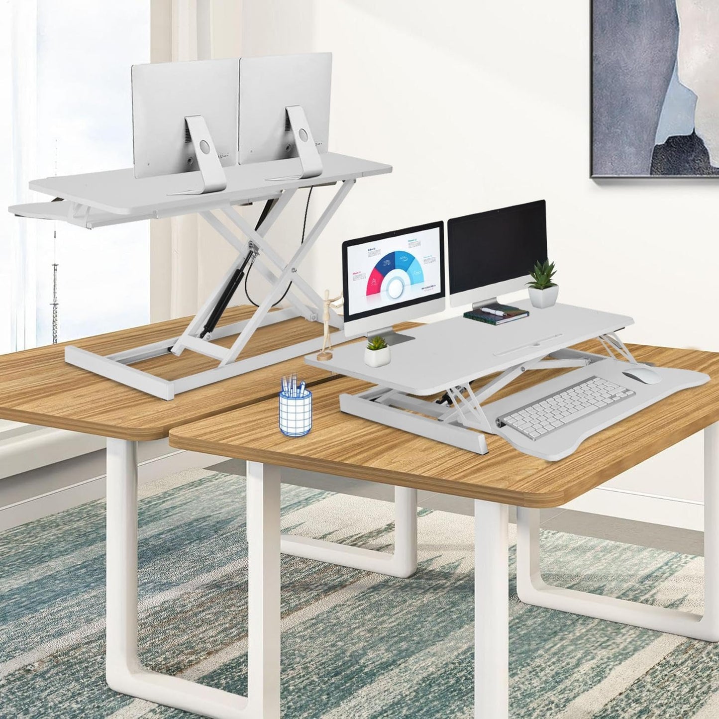 37 Inch Standing Desk Converter - Manual Pneumatic Spring, Two Monitor Stable Standing Desk Converter, 5.9” to 18.8” Height Adjustable Laptop Workstation with Keyboard Tray for Home, Company(White)