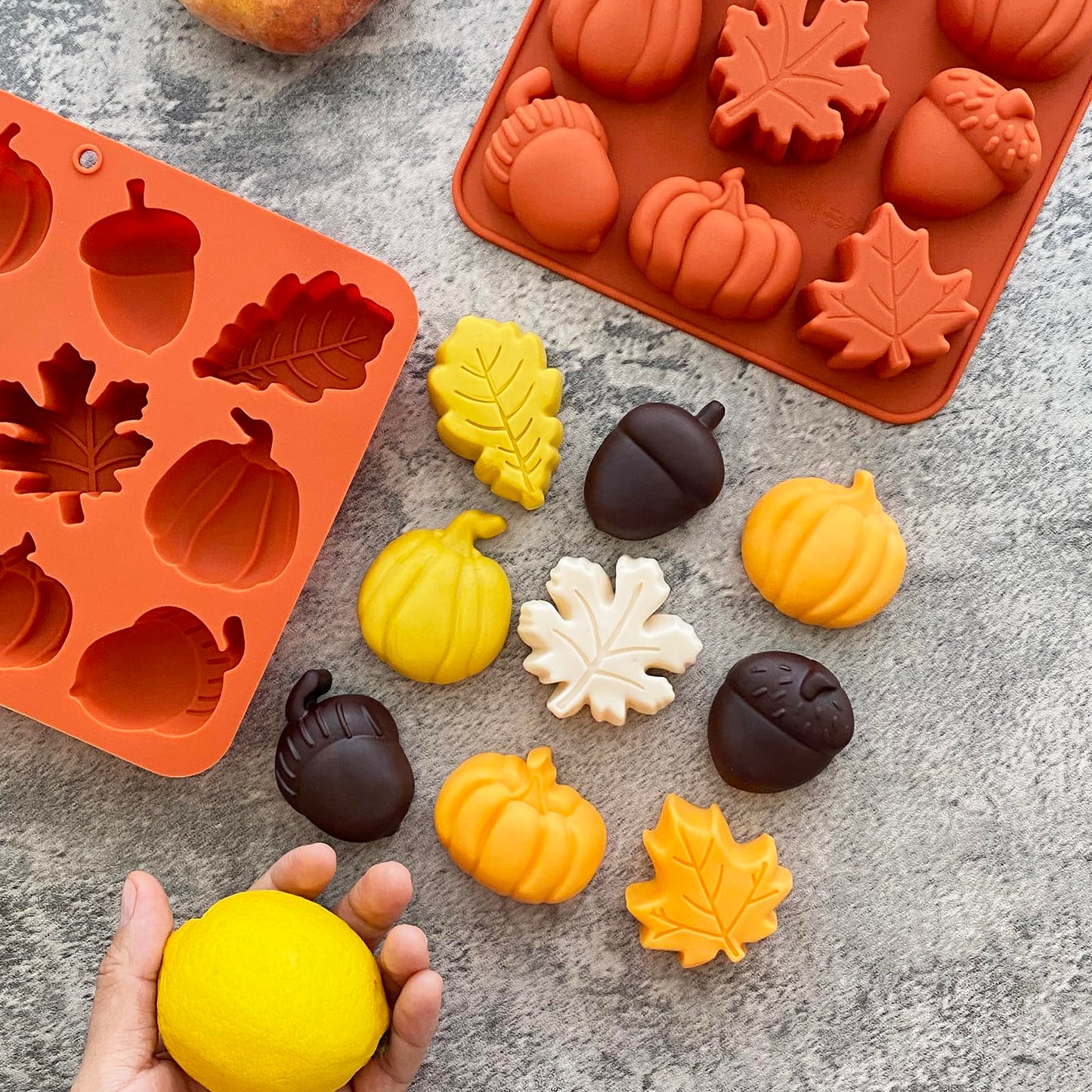 3D Pumpkin Silicone Mold 2PCS Fall Silicone Mold Thanksgiving Candy Mold Autumn Maple Leaf Acorn shape Chocolate Mold Soap Candy Cake Pan Baking Molds for Cake Cupcake Decoration (Orange)
