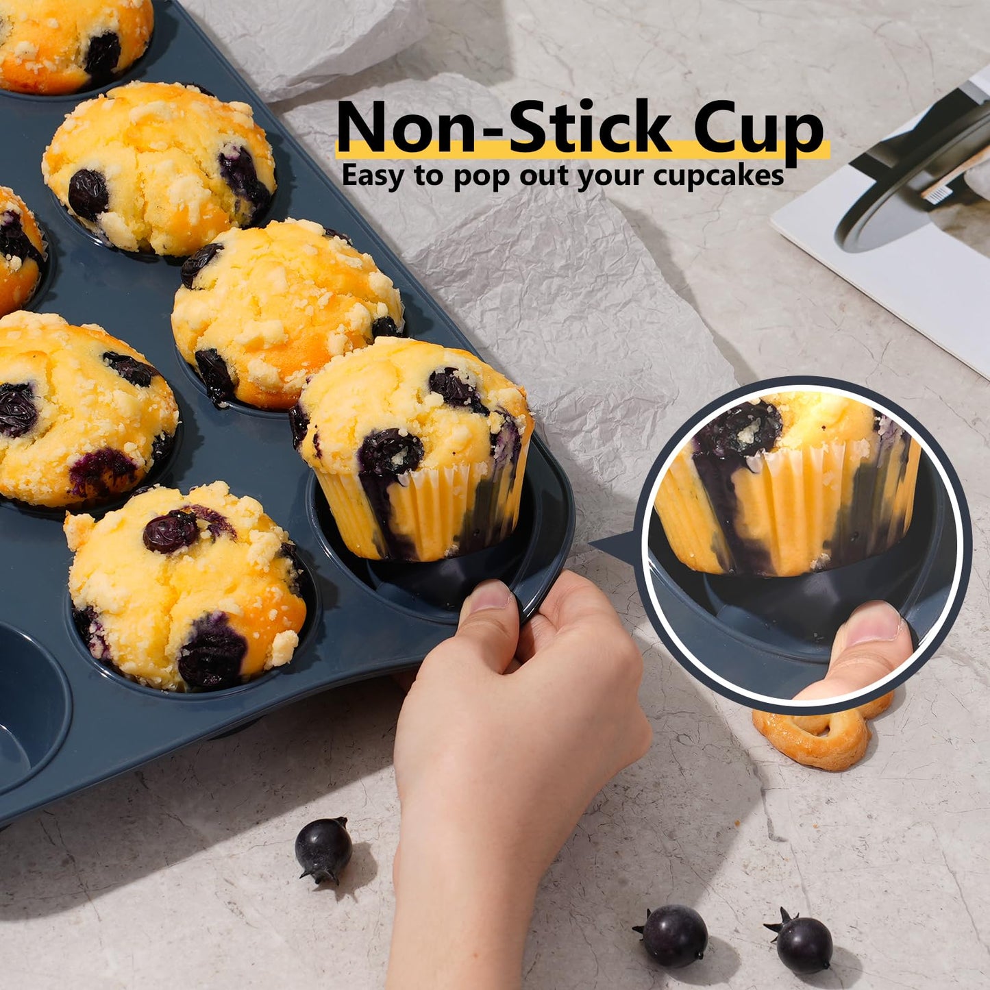 Vnray 2 Pack Silicone Muffin Baking Pan & Cupcake Tray 12 Cup - Nonstick Cake Molds/Tin, Silicon Bakeware, BPA Free, Dishwasher & Microwave Safe (12 Cup Size, Grey)