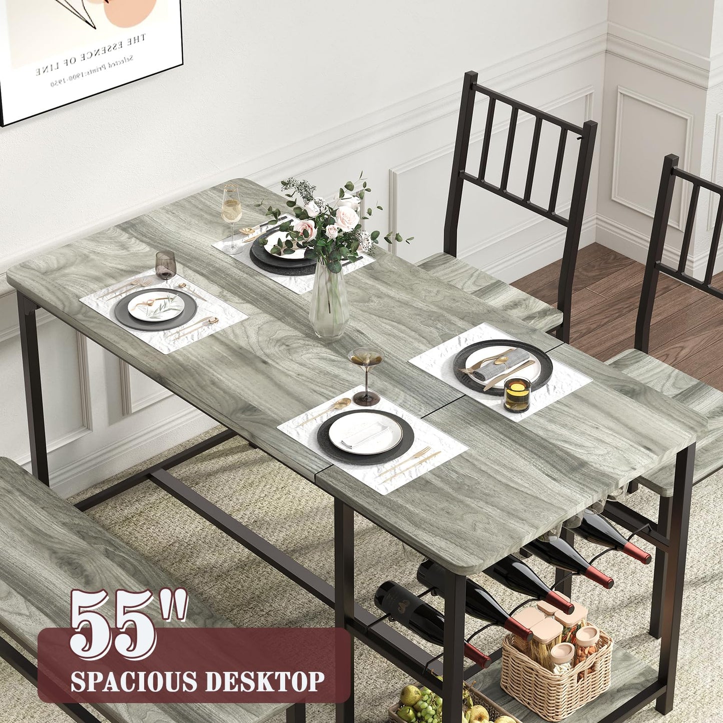 4 EVER WINNER Dining Room Table Set for 4, 55" Kitchen Table Set with Storage Shelf, Wine Rack & Wine Glasses Holder, Dining Table Set with 2 Chairs and Bench for Dining Room, Kitchen, Grey