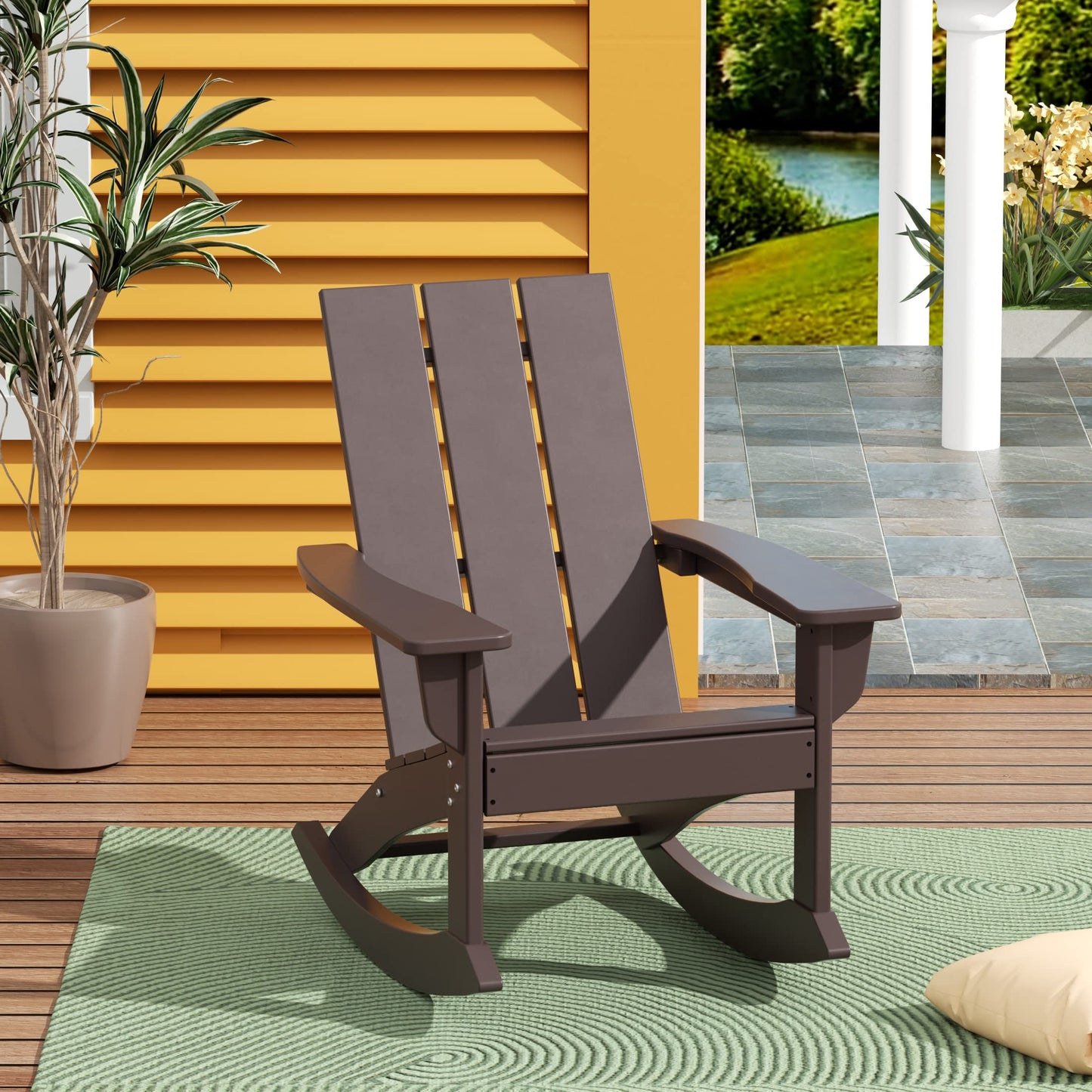 WestinTrends Ashore Patio Rocking Chair, All Weather Poly Lumber Plank Adirondack Rocker Chair, Modern Farmhouse Outdoor Rocking Chairs for Porch Garden Backyard and Indoor, Dark Brown