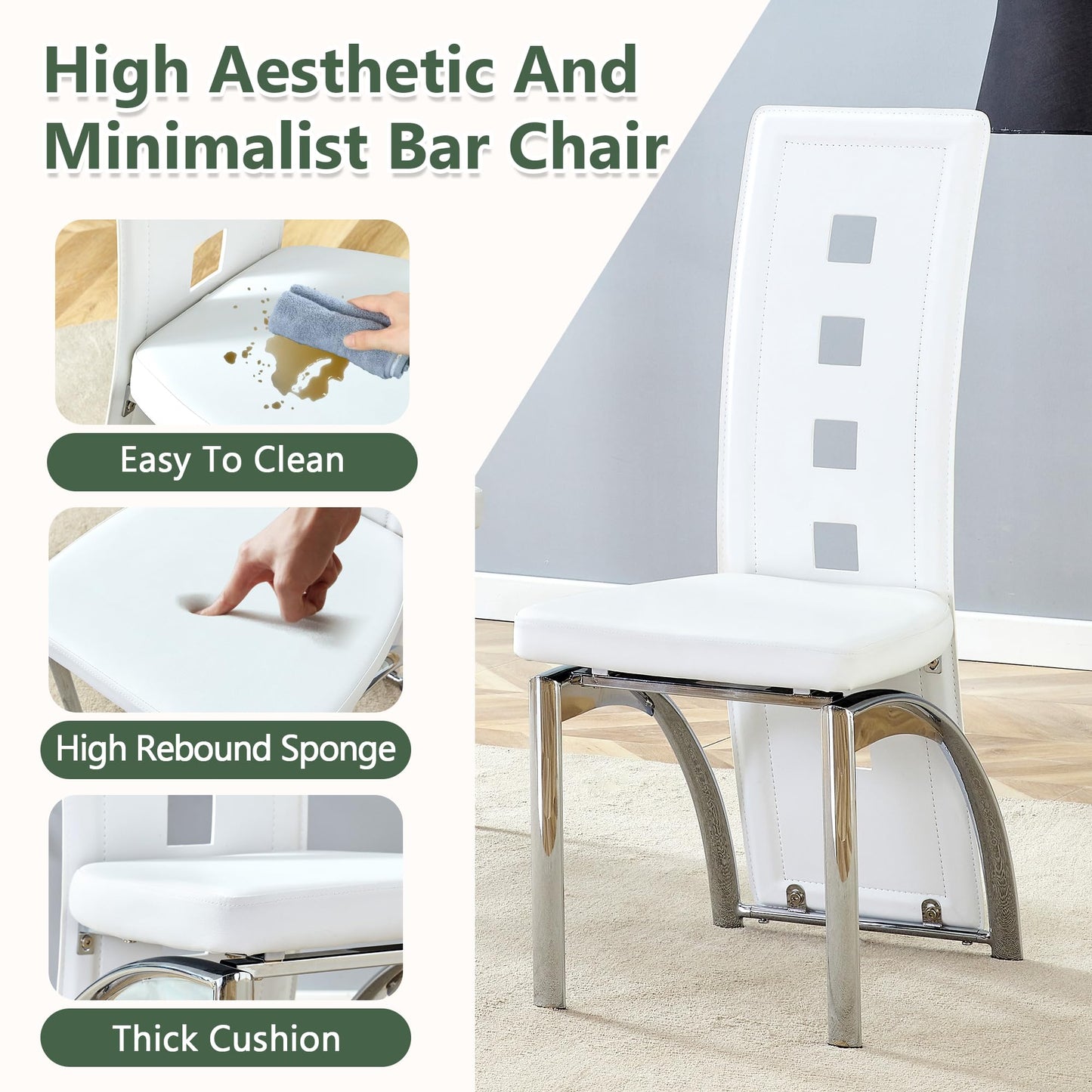White Dining Chairs Set of 4, Modern Dining Room Chairs Set of 4, Upholstered PU Leather Kitchen Chairs with Silver Metal Legs, High Backrest Armless Seating for Kitchen, Dining Room