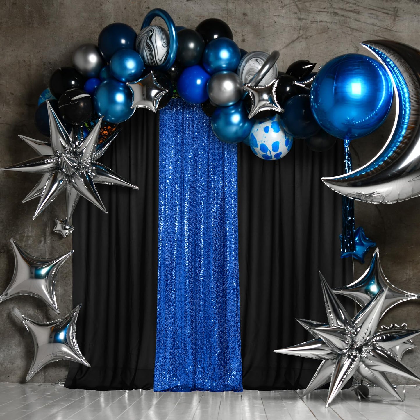 VitalCozy 4 Panels Backdrop Curtains 2 Pcs 4 x 10 ft Sequin Glitter 2 Pcs 7 x 10 ft Chiffon Photo Background Curtains for Wedding Birthday Party Decorations(Black, Royal Blue)