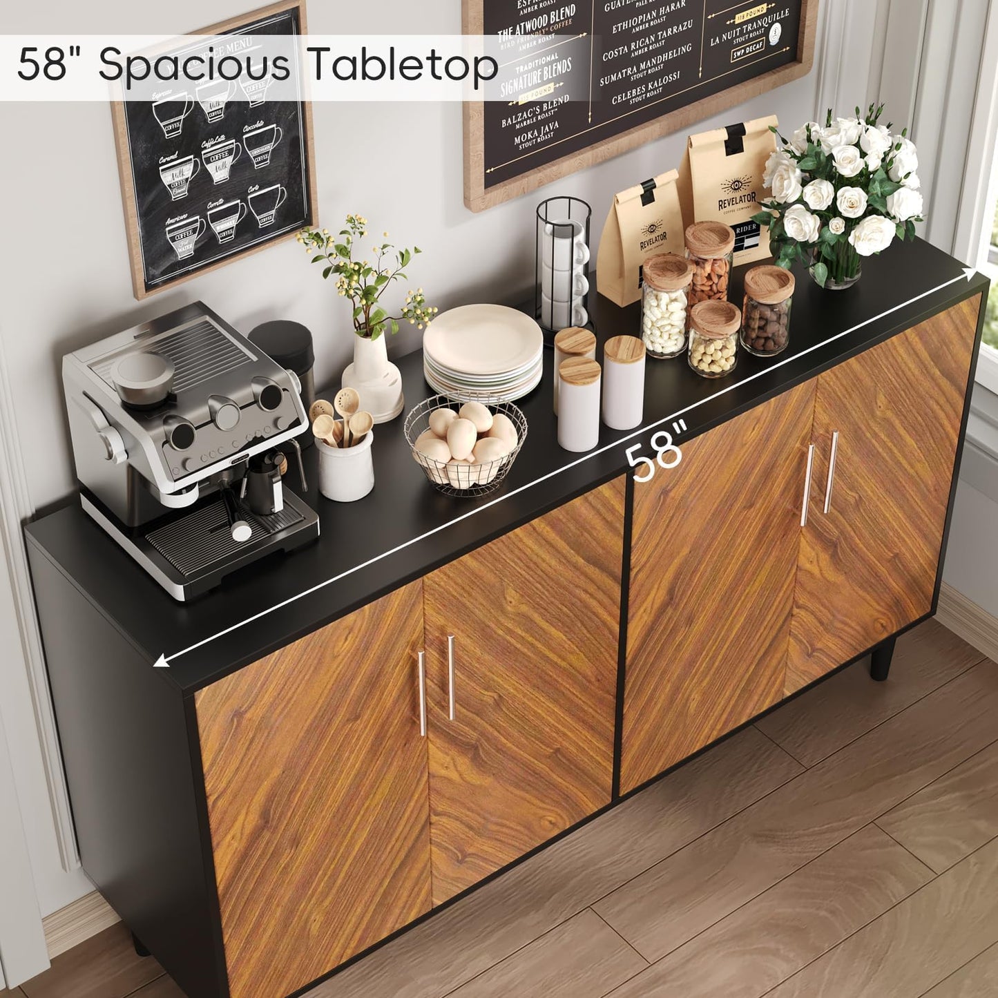 4 EVER WINNER Sideboard Buffet Cabinet with Storage, 58" Large Storage Cabinet with Adjustable Shelves, Modern Coffee Bar with 4 Doors for Living Room Entryway, Walnut and Black