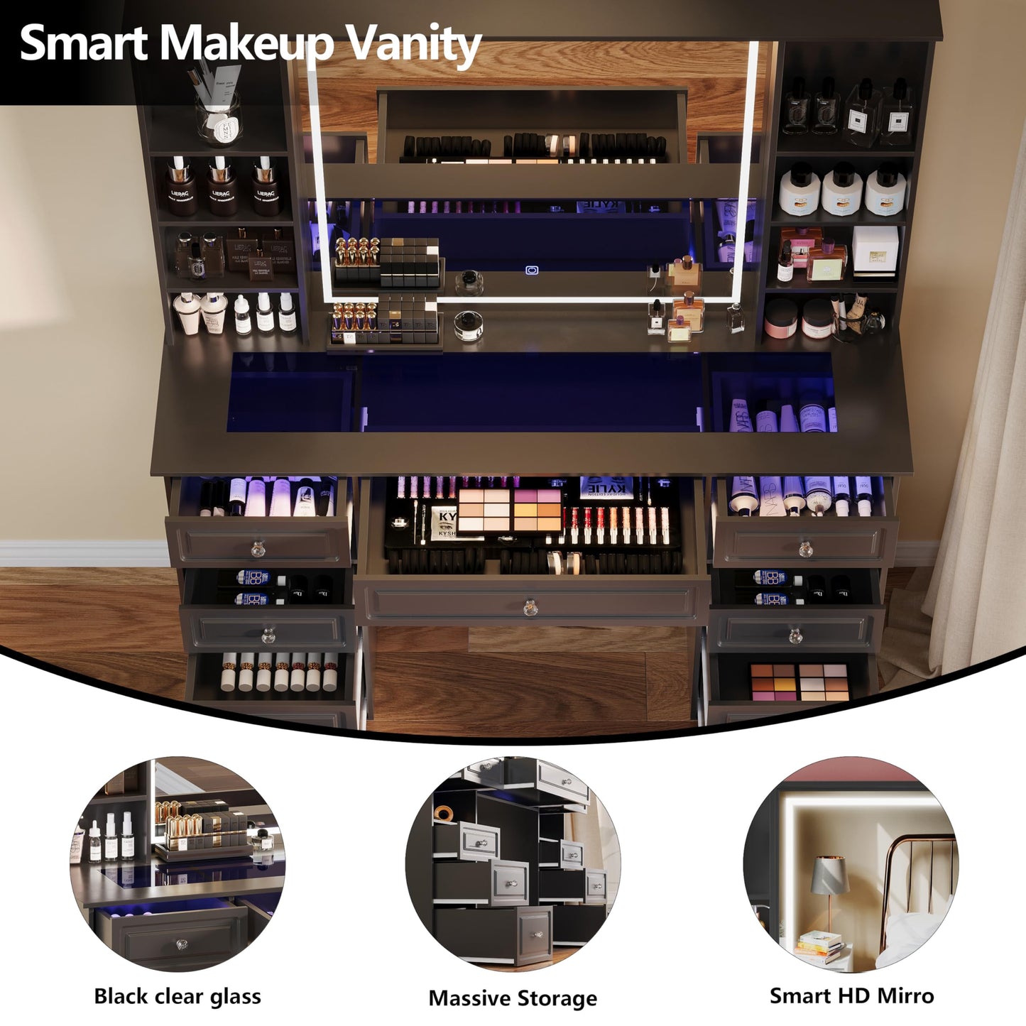 Wildhome Vanity Desk with Mirror and Light, Glass Top Dresser with 9 Drawers, Vanity Table with Storage, Dressing Table, Bedroom Makeup Desk for Women (Black-Glass Top)