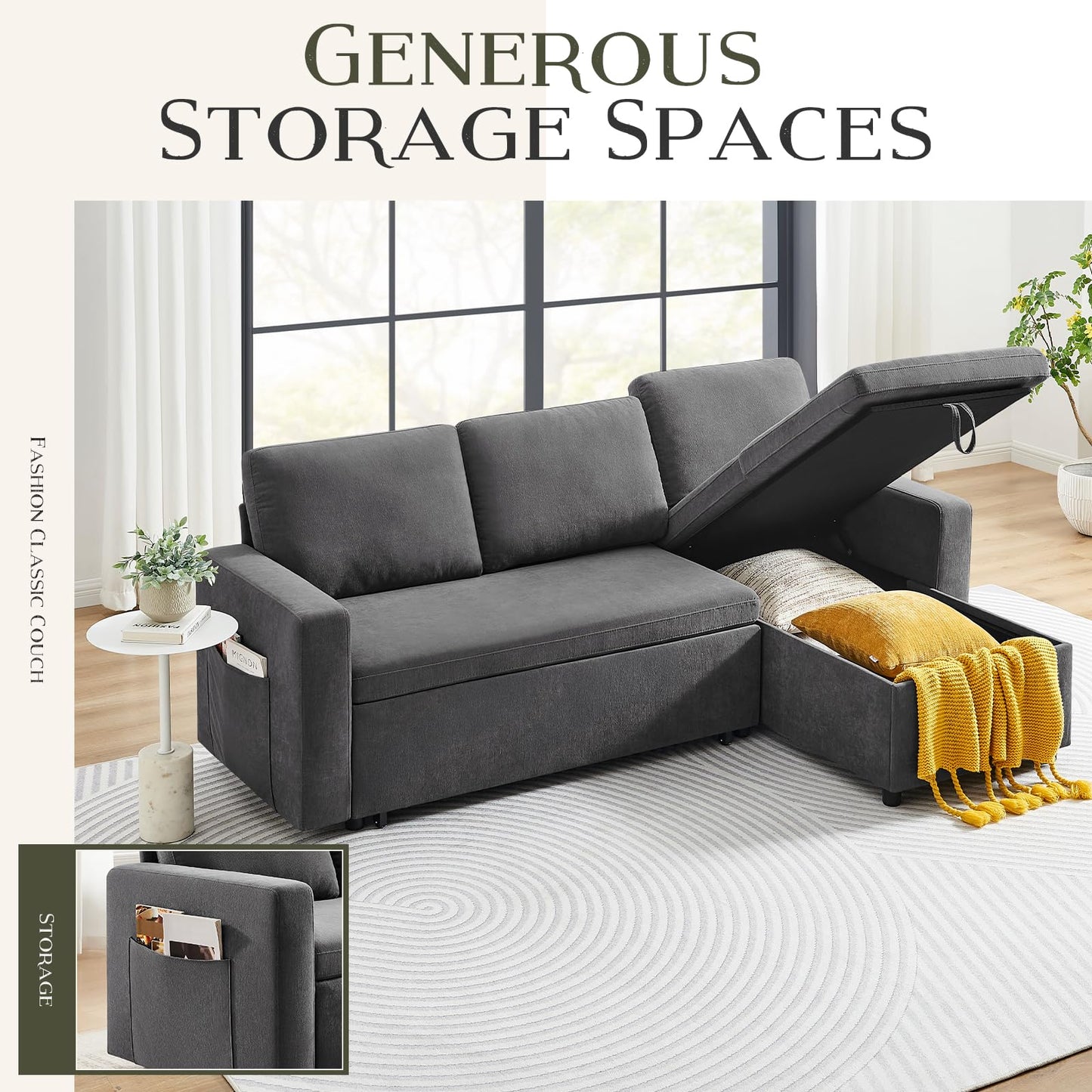 85’’ Sofa Bed, 2 in 1 Sleeper Sofa with Multiple Storage Spaces and Detachable Chenille Cover, Easy to Assemble, Comfy Futon Pull Out Couch for Living Room/Office/Apartment(Grey)