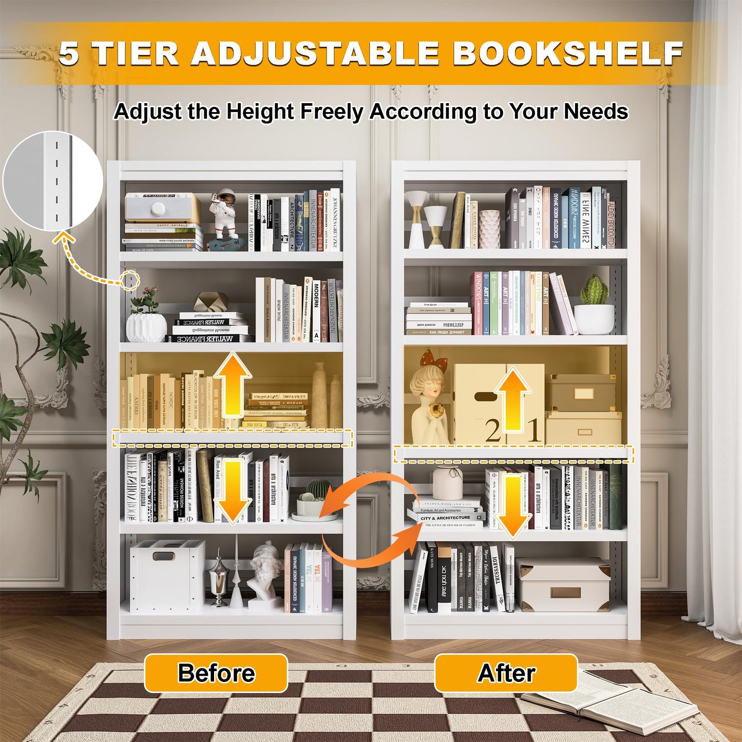 White Bookshelf, Adjustable 5 Tier Bookshelf, 69" H Modern Tall Bookcase, Metal Industrial Bookshelves and Bookcases for Living Rooms, Home Offices, Library, 10 Minutes Assemble