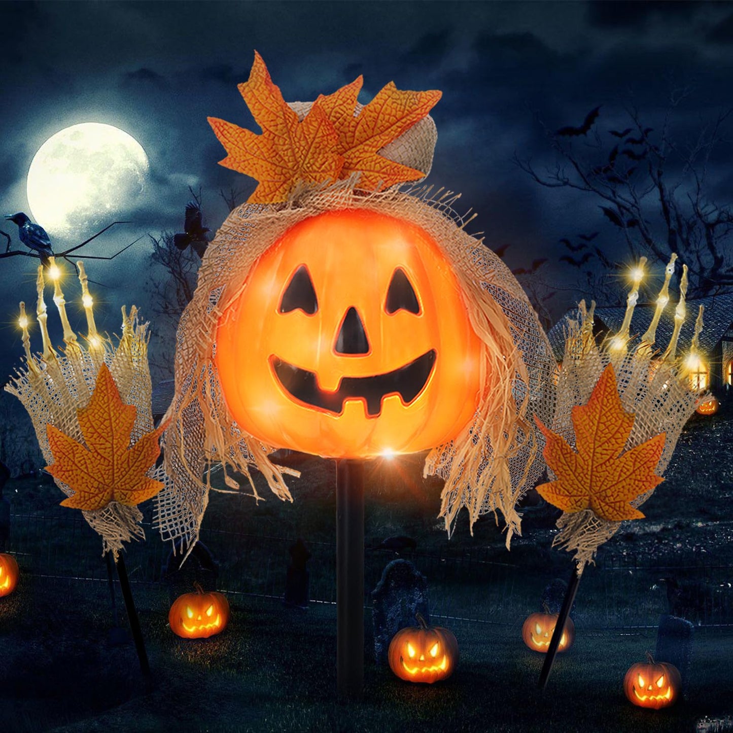 SUNNYPARK 3 Pcs Halloween Pathway Lights - Outdoor, 30 LEDs Pumpkin and Arms Stake Lights for Yard, Lawn, Garden, Patio Decorations