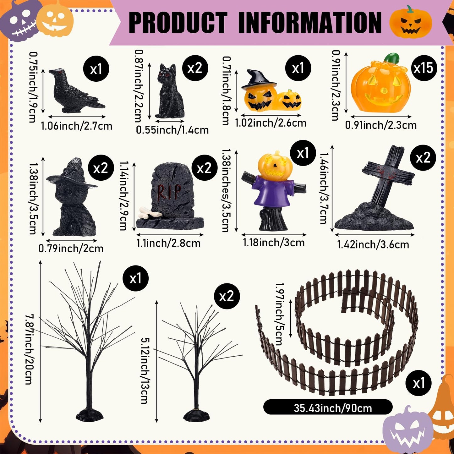 Wesiti 30 Pcs Halloween Village Accessories Set Miniature Halloween Figurines Village Trees Cat Pumpkin Tombstones Figurine Horror Miniature Accessories for Garden Decor