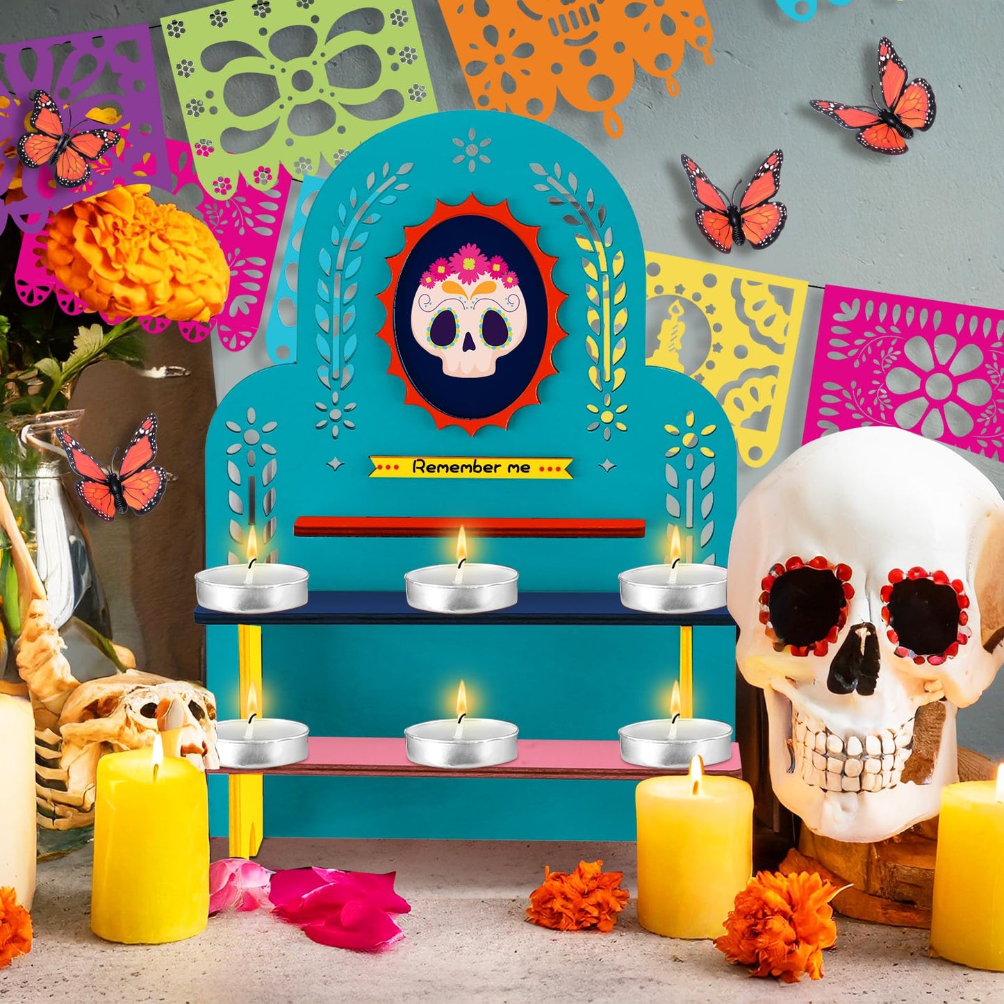 Weysat Dia De Los Muertos Altar Ofrenda Mini Wooden Papel Picado Ofrenda Altar with Photo Frame Day of the Dead Remembrance Supplies Dia De Los Muertos Decorations