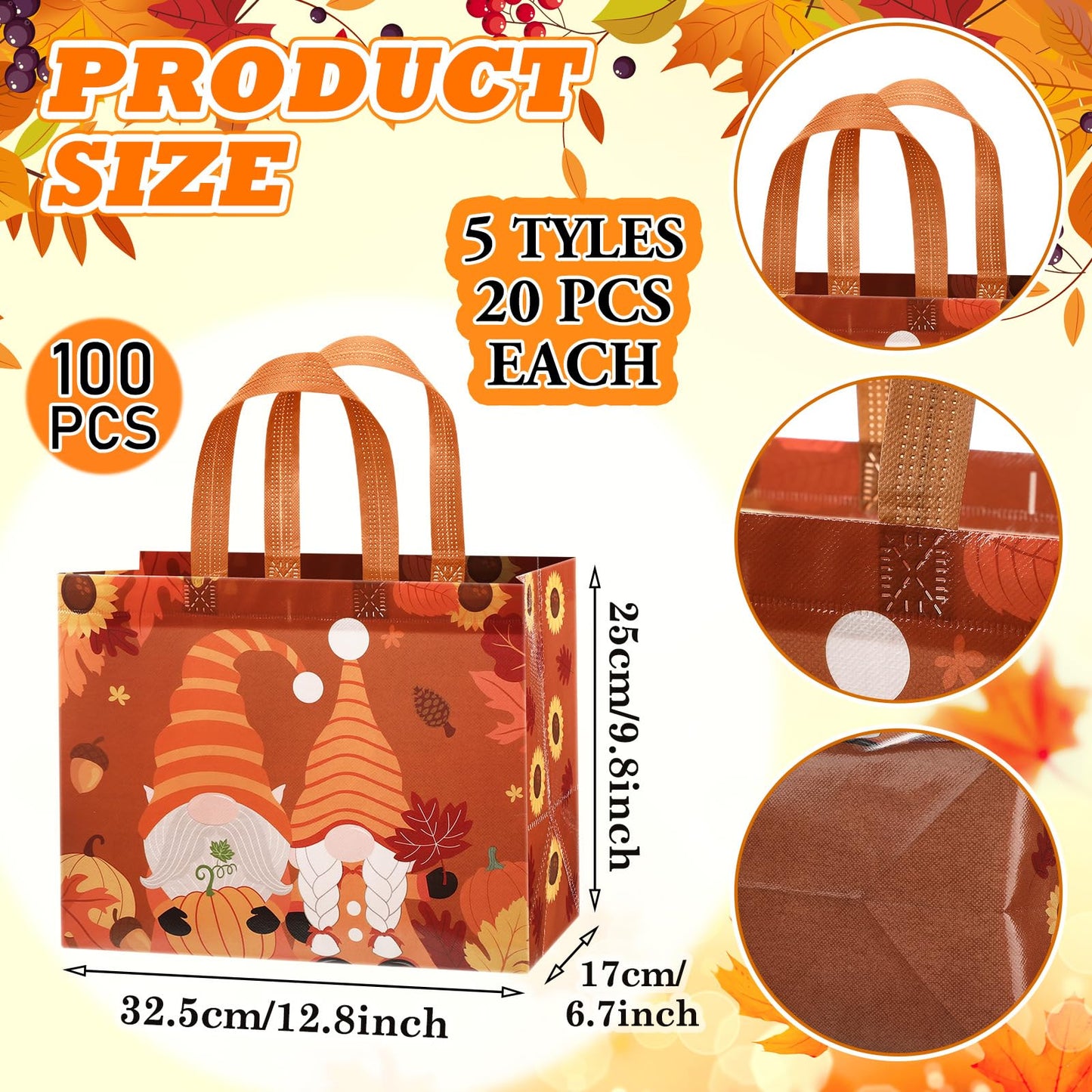 Abbylike 100 Pack Fall Non Woven Tote Bags with Handles Thanksgiving Gift Tote Bags Bulk Large Non-woven Grocery Bag with Handles Turkey Pumpkin Autumn Thanksgiving Party Favor Supplies