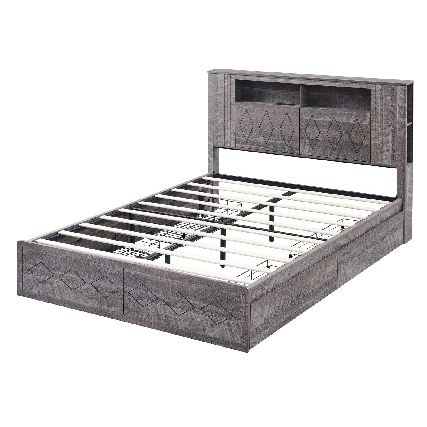 ACCOHOHO Queen Size Bed Frame with 47" Tall Storage Bookcase Headboard, Modern Wood Platform Bed with 4 Drawers, Charging Station and LED Lights, Noise Free, No Box Spring Needed, Light Grey