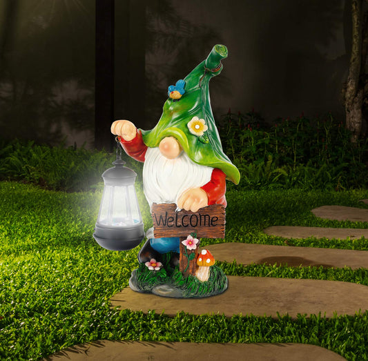 WOGOON Garden Gnome Statue, Resin Figurine with Bright Solar Lantern Lights and Welcome Sign, Outdoor Solar-Powered Illumination Yard Art Decorations for Indoor Outdoor Patio Lawn Garden Room