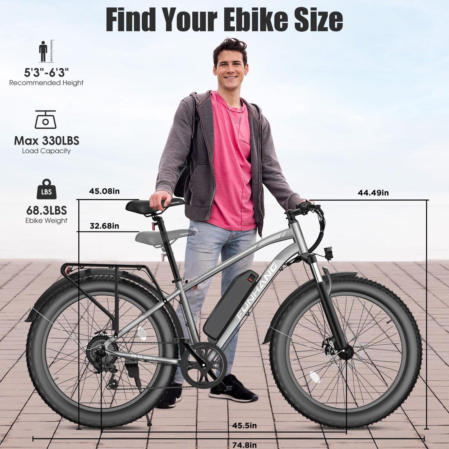 Funhang Electric Bike for Adults, Peak 1000W Ebike, 25MPH 60Miles Electric Mountain Bike, 26" Fat Tire Adult Electric Bicycle with 48V 13AH Battery, Rear Rack, 7 Speed, Front Suspension, Turn Signal