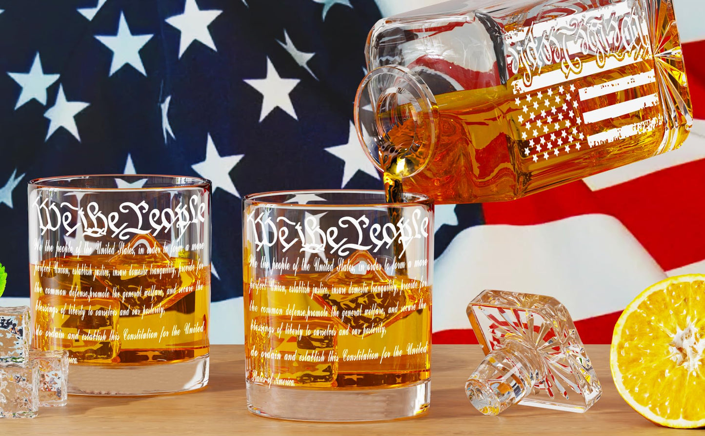 Whiskey Decanter Engraved We The People American Flag Decanter Set with 2 Glasses for Liquor Scotch Bourbon or Wine, Father's Day Patriotic Gift