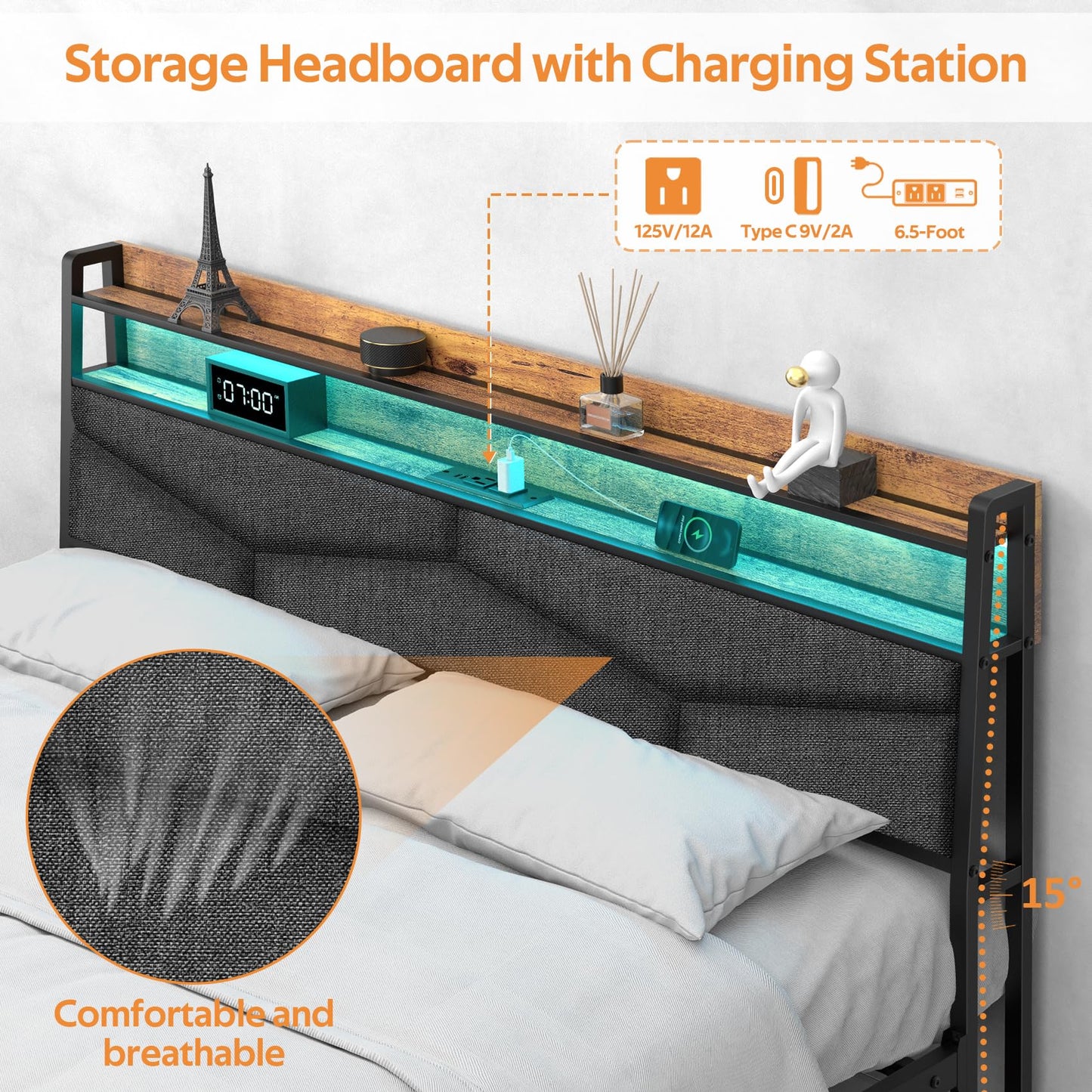 Winkalon Full Bed Frame, Storage Headboard with Charging Station,Platform Bed Frame with RGB Lights, Solid and Stable, Noise Free, No Box Spring Needed, Easy Assembly,Gray