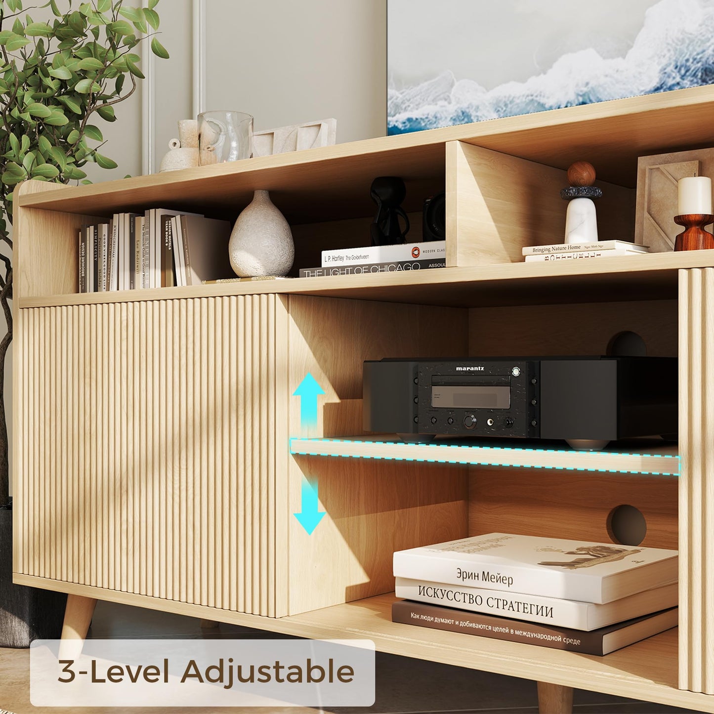 55'' TV Stand for 65 Inch, Fluted Modern TV Stands for Living Room with Sliding Doors and Adjustable Shelf, Entertainment Center with Storage Media TV Console Table for Bedroom (Natural Oak)