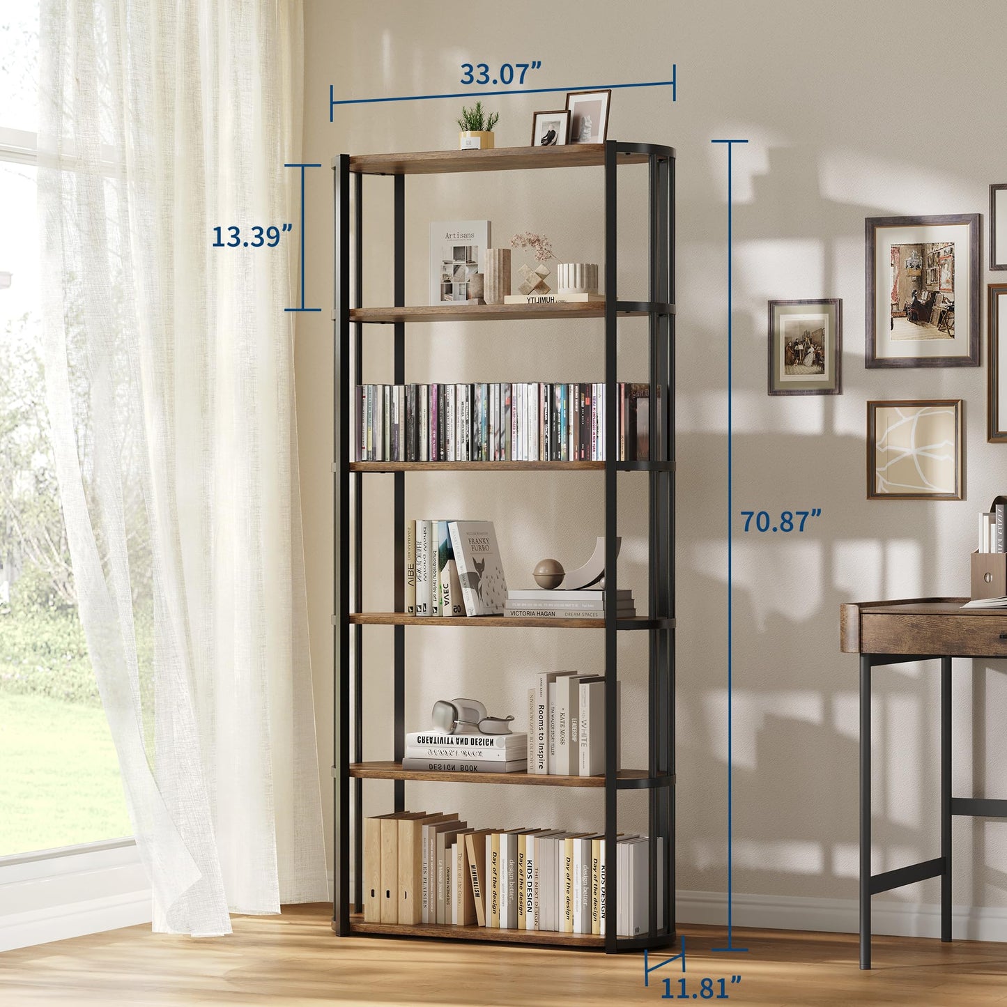 71 Inches Wooden Bookshelf, 6 Tier Industrial Tall Book Shelf, Metal Frame Large Open Bookcase, Freestanding Wooden Bookshelf Storage Rack for Bedroom, Living Room, Home Office, Rustic Brown and Black