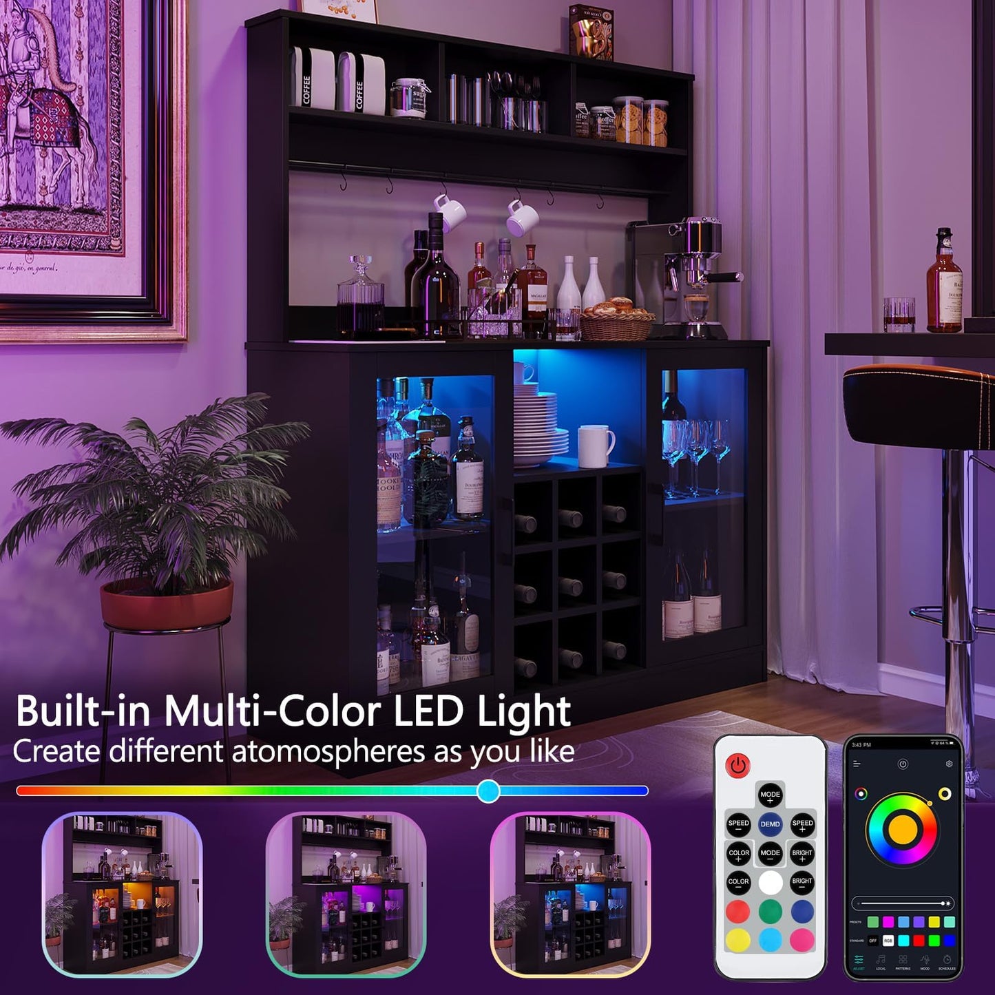 Wine Bar Cabinet with LED Light and Power Outlet, Liquor Cabinet with 9 Wine Racks, 6 Hooks and Adjustable Shelf, Coffee Bar Cabinet Buffet Sideboard for Kitchen and Living Room, Black, 47.2"D x 15.74