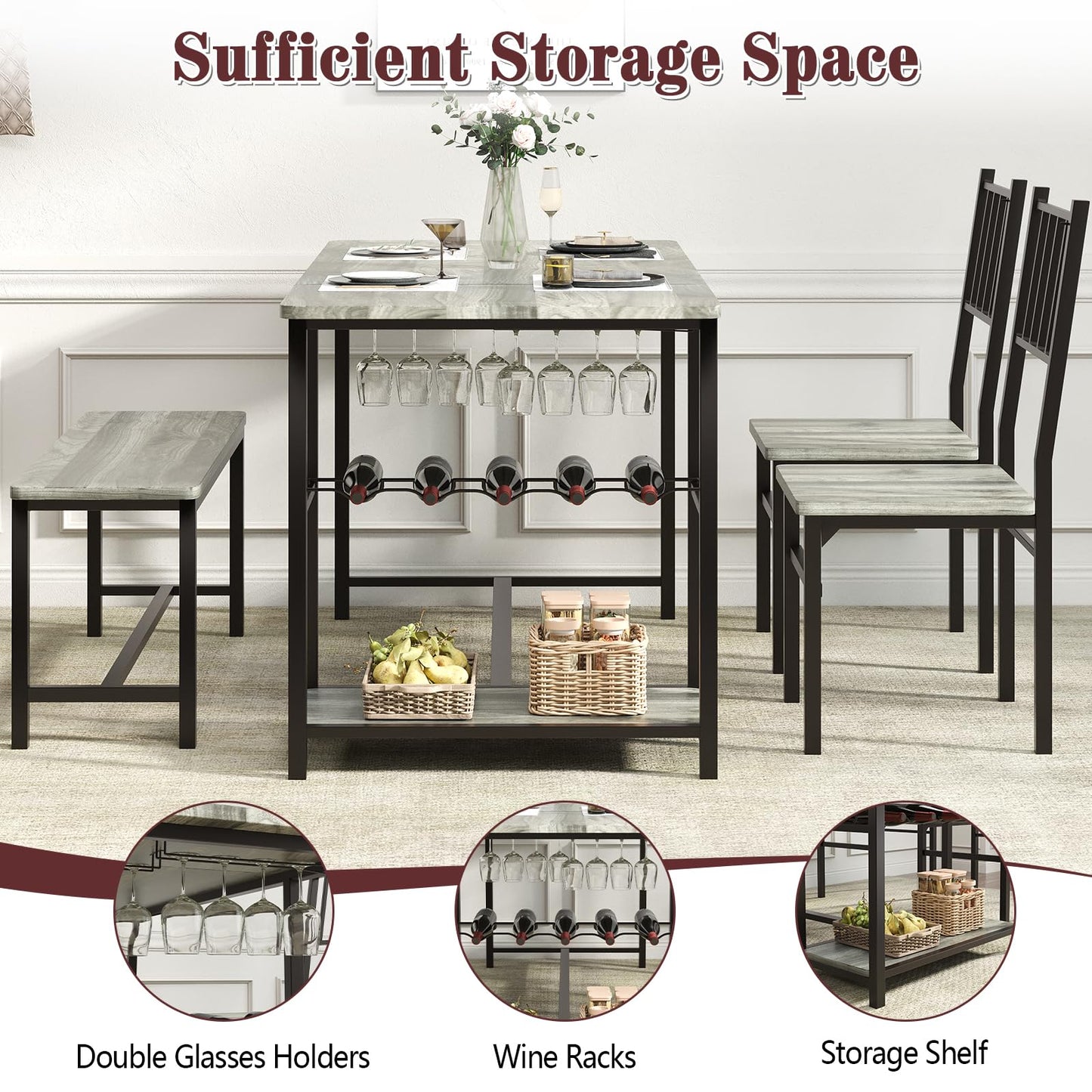 4 EVER WINNER Dining Room Table Set for 4, 55" Kitchen Table Set with Storage Shelf, Wine Rack & Wine Glasses Holder, Dining Table Set with 2 Chairs and Bench for Dining Room, Kitchen, Grey
