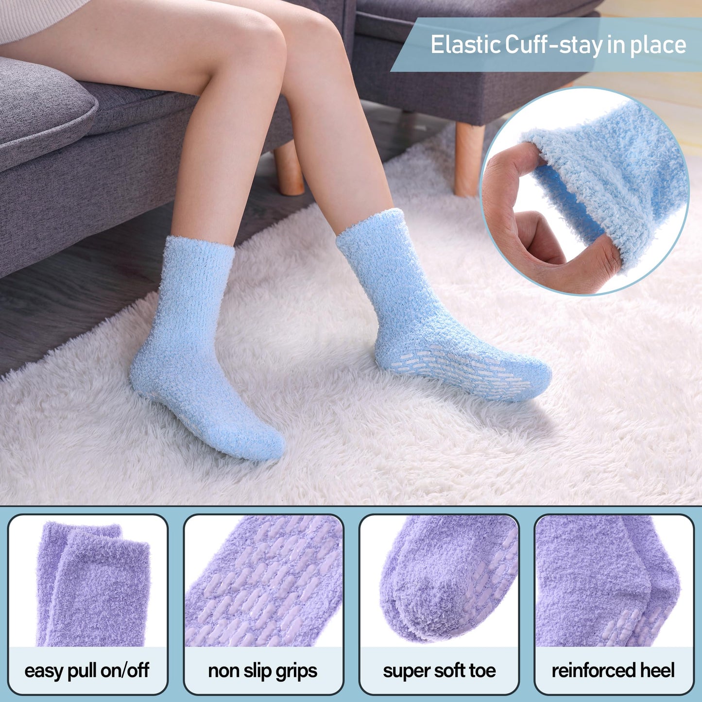 Yebing Non Slip Hospital Socks for Women with Grips Fuzzy Cozy Anti Skid Slipper Socks Winter Warm Soft Fluffy Sleep Socks 5 Pairs Non Slip Rainbow A
