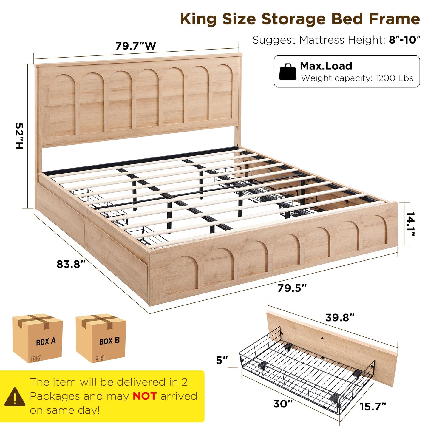 ACCOHOHO King Size Bed Frame Modern with 52" Tall Arched Recessed Headboard and 4 Drawers, Solid Wood Slats Support, Wood Platform, Noise Free, No Box Spring Needed, Natural Oak