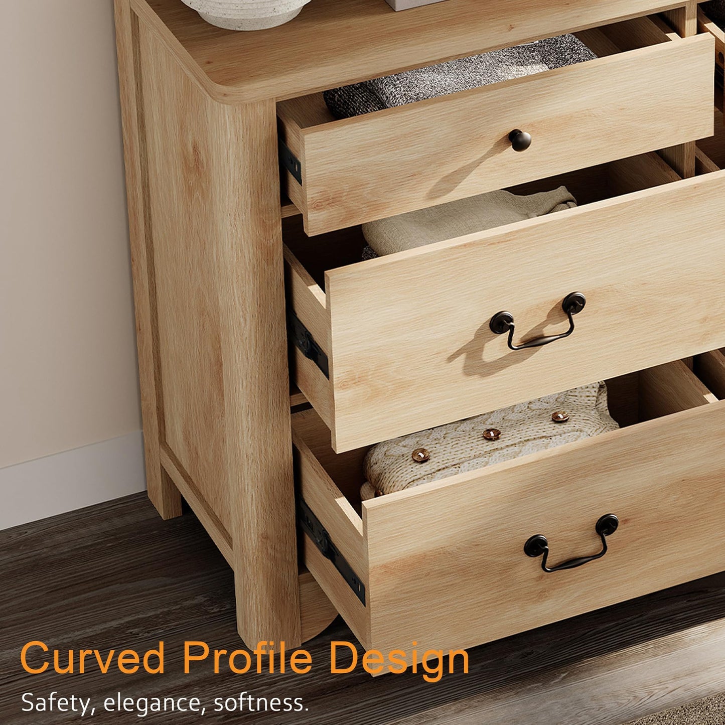 WAMPAT Oak Dresser for Bedroom with 6 Drawers, 47.2" Wide Farmhouse Dressers Chests of Drawers with Curved Profile Design, Wood Closet Organizer for Bedroom, Hallway