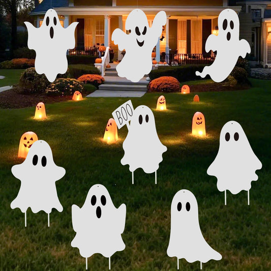 8PCS Halloween Ghost Yard Signs Boo Ghost Outdoor Decor with Stakes Double-Side Hanging Ghosts Plastic Scary Spooky Decoration for Home Front Yard Patio Garden Halloween Party Decorations