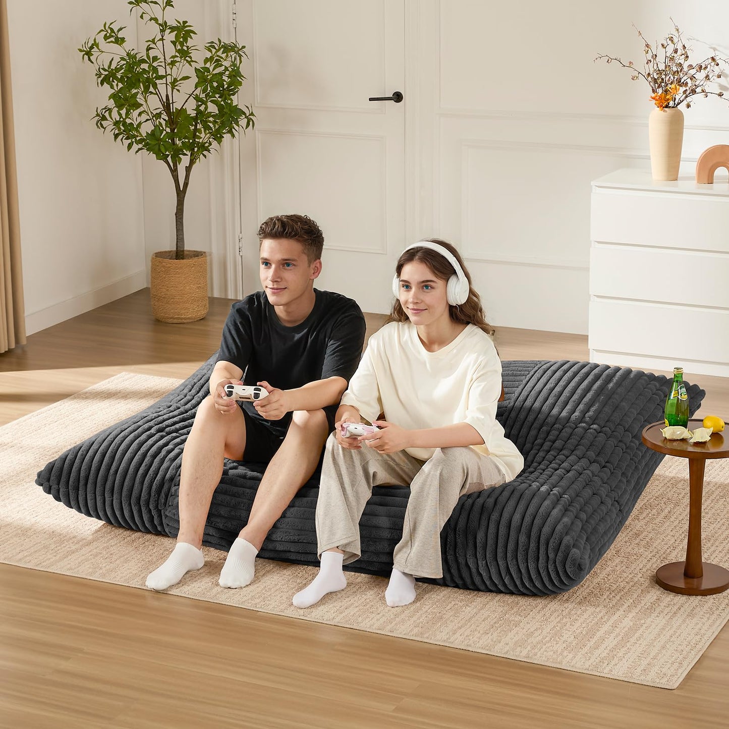 3-in-1 Giant Bean Bag Chair for Adults & Kid, Convertible Floor Sofa to Mattress, High-Density Foam Chair Bed with Washable Cover, Multi Functional Lounge Couch for Bedroom, Living Room (Dark Grey)