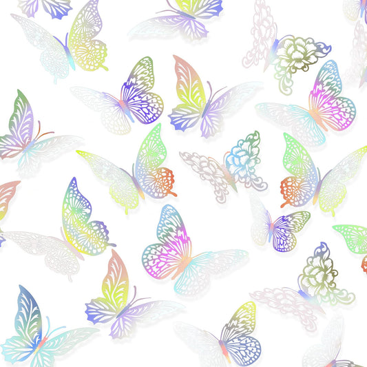 3D Laser Butterfly Wall Decor 3 Sizes 4 Styles Butterfly Party Decorations Cake Decorations Removable Stickers Wall Decor Room Mural Metallic Kids (Laser Colored, 48Pcs)