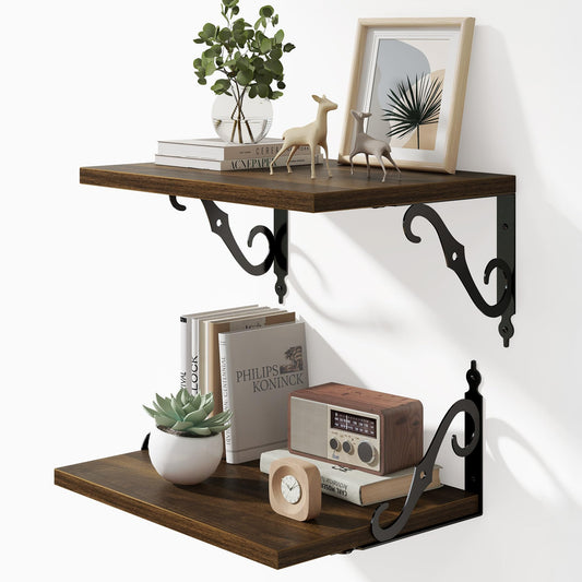 16 Inch Deep Floating Shelves for Wall, 12 Inch Deep Floating Shelf with Bracket, Wall Shelves 16 Inches Long, Wide Display & Storage Shelves for Living Room, Bathroom, Bedroom, Walnut, Set of 2