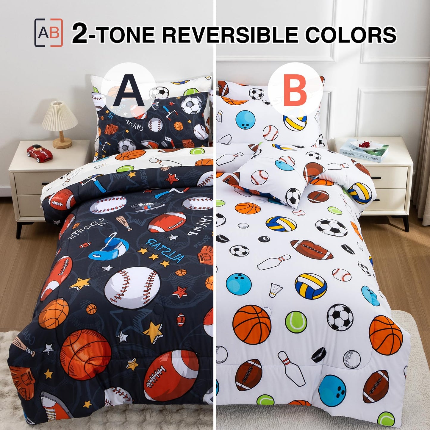 A Nice Night 6Pcs Bed in A Bag Full Sports Microfiber Modern Comforter Set,Gray Rugby Ball Printed Bedding Collections,for Boys Kids Teen