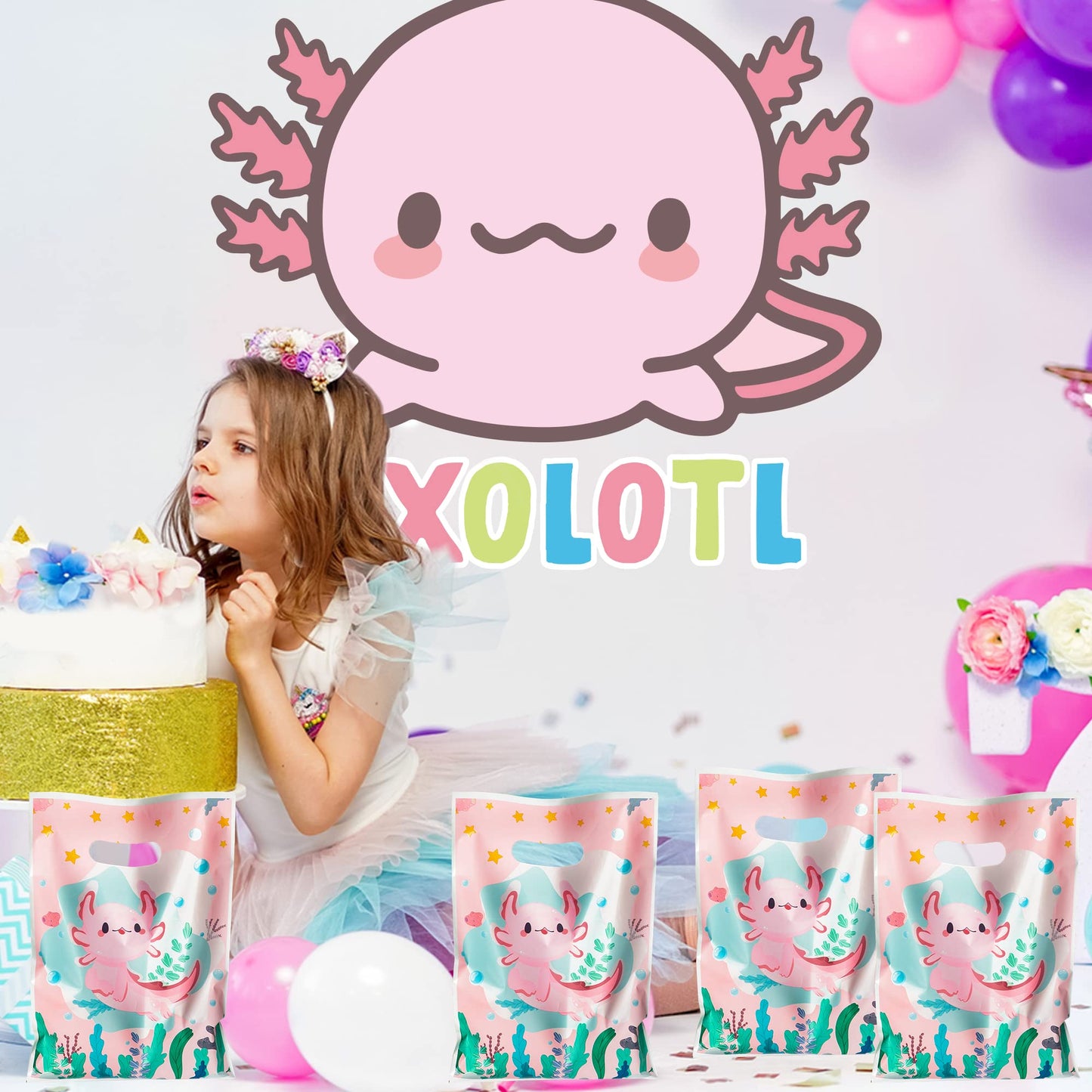 3sscha 50Pcs Axolotl Party Favor Bags Amphibian Themed Waterproof Goodie Bag with Die Cut Handles Reptile Animals Water Plants Plastic Candy Gift Pack for Baby Girl Birthday Baby Shower Decors Supplies
