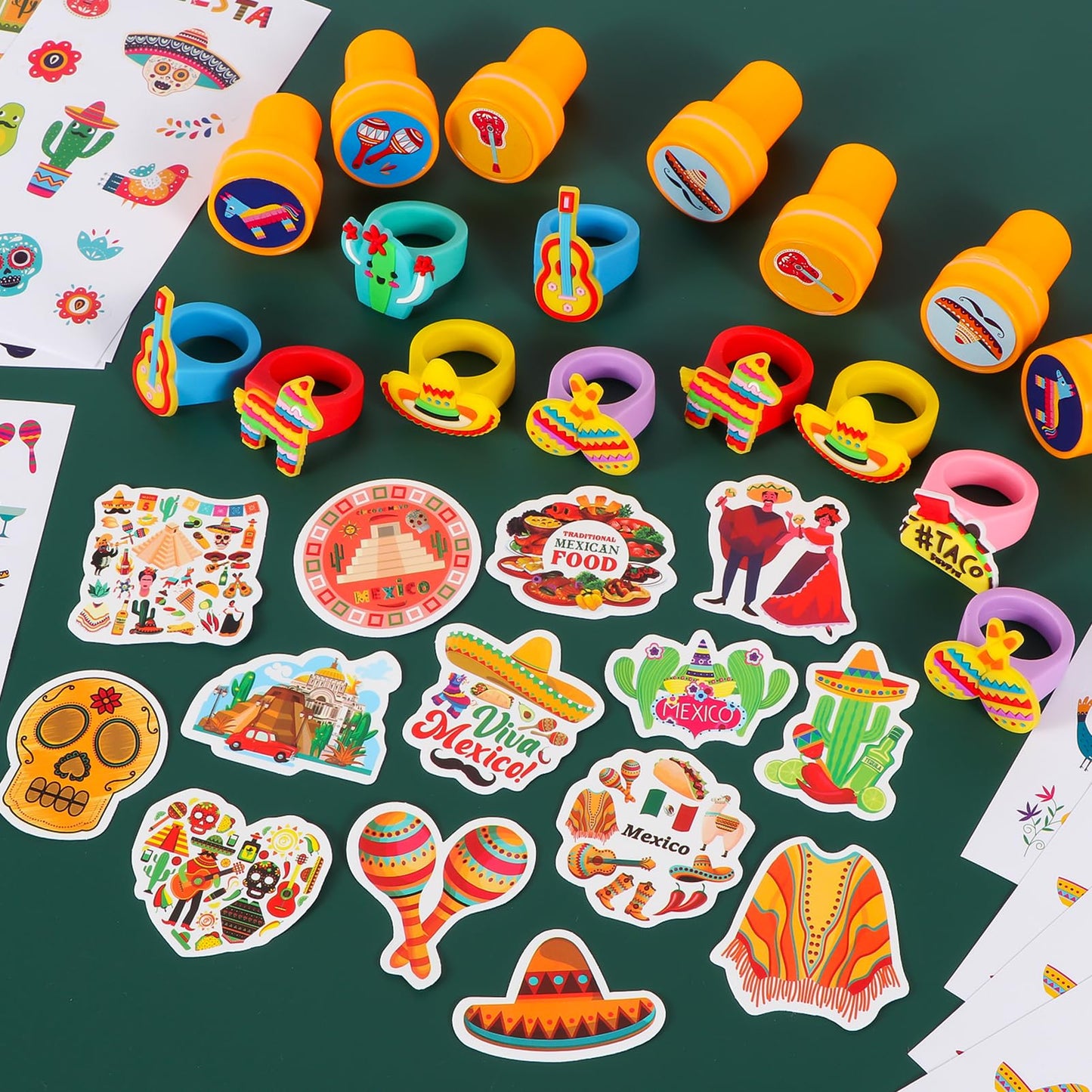 120 PCS Fiesta Party Favor, Mexican Party Gift for Kids, Cinco De Mayo Eyeglasses, Keychains, Stampers, Slap Bracelets Classroom Prize School Exchange for Cinco De Mayo Birthday Party Supplies