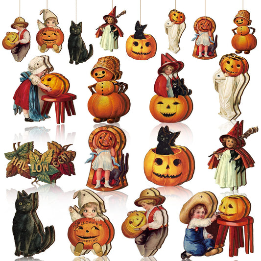 24 Pcs Halloween Wood Ornaments for Tree Vintage Halloween Decorations Hanging Sign Happy Pumpkin Witch Black Cat Skull Decorative Ornaments for Holiday Party Home Decor