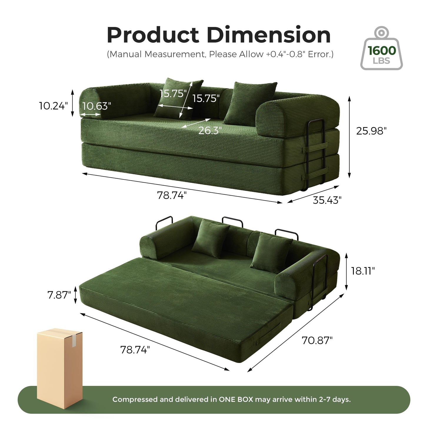 79'' Convertible Sofa Bed, Modular Couch Bed for Small Spaces with 2 Pillow, Corduroy Fabric Sofa with Plush Memory Foam, Floor Sofa Lounge Couch for Living Room Bedroom Lounge Studio（Dark Green）